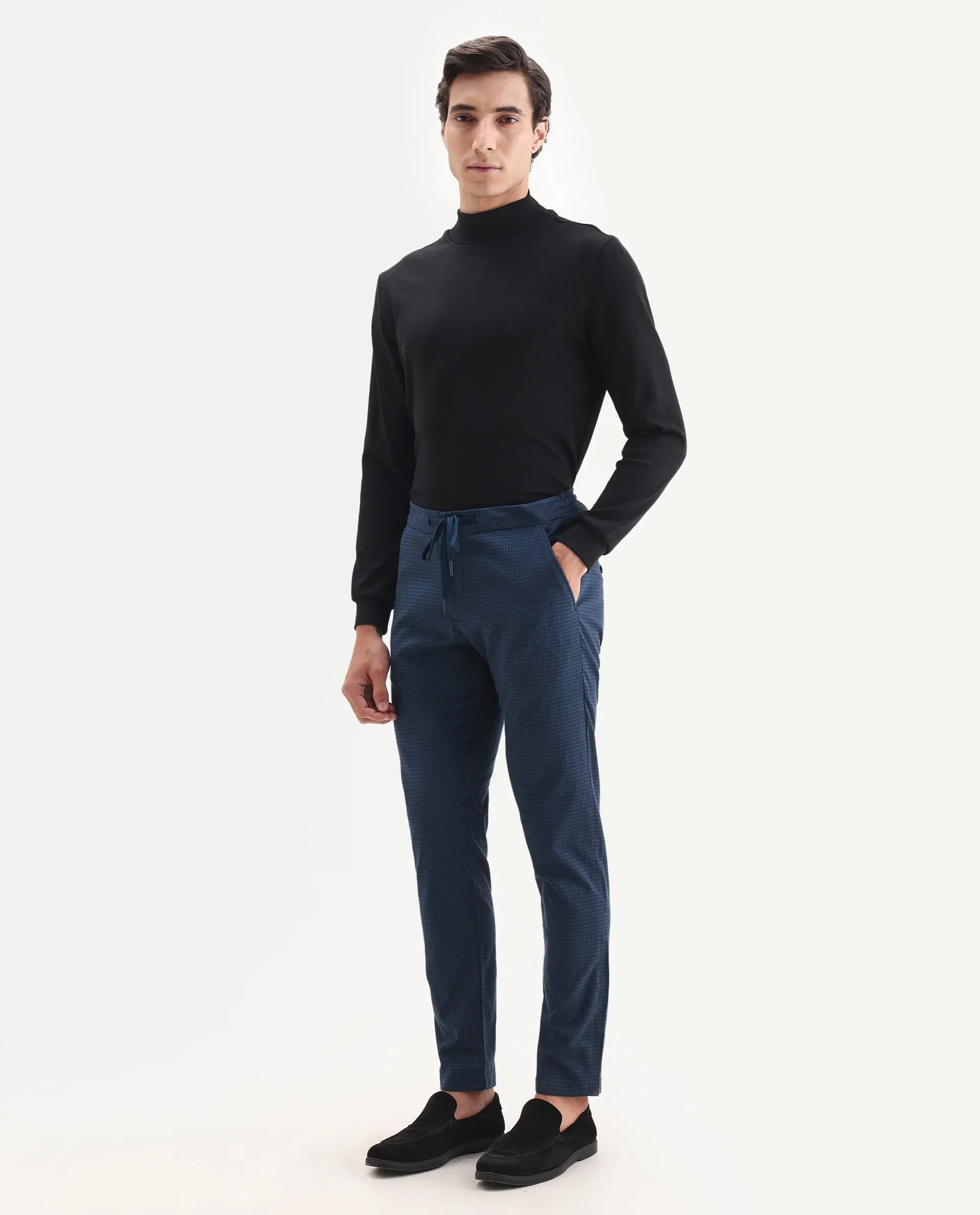 Rare Rabbit Men's Hobbs Petrol Cotton Checked Print Regular Fit Trouser - Image 4