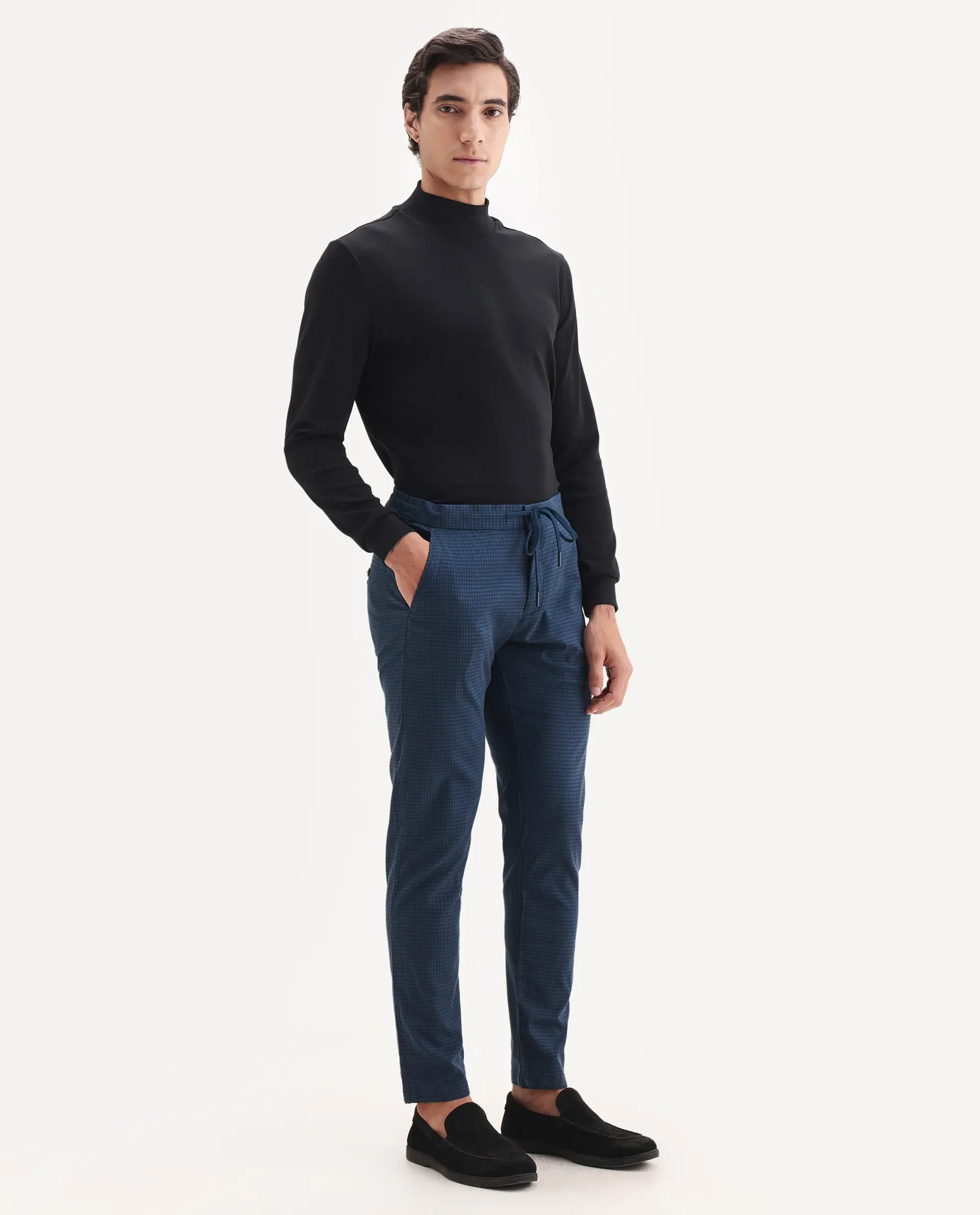 Rare Rabbit Men's Hobbs Petrol Cotton Checked Print Regular Fit Trouser - Image 5
