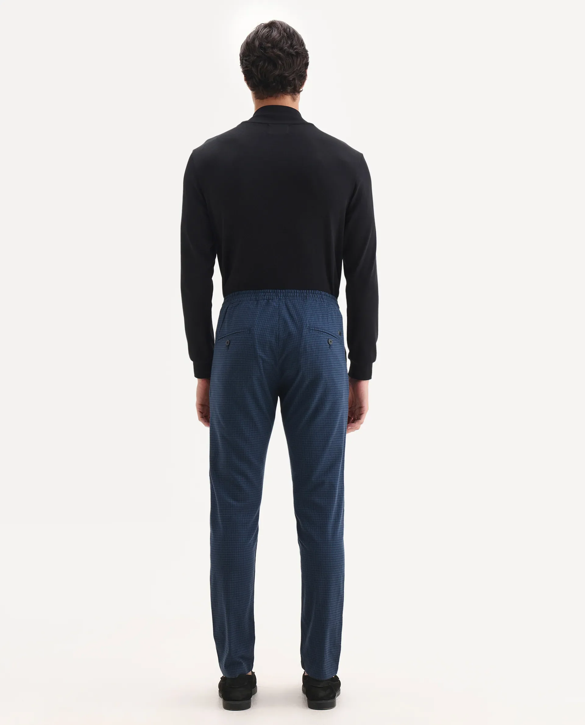 Rare Rabbit Men's Hobbs Petrol Cotton Checked Print Regular Fit Trouser - Image 7