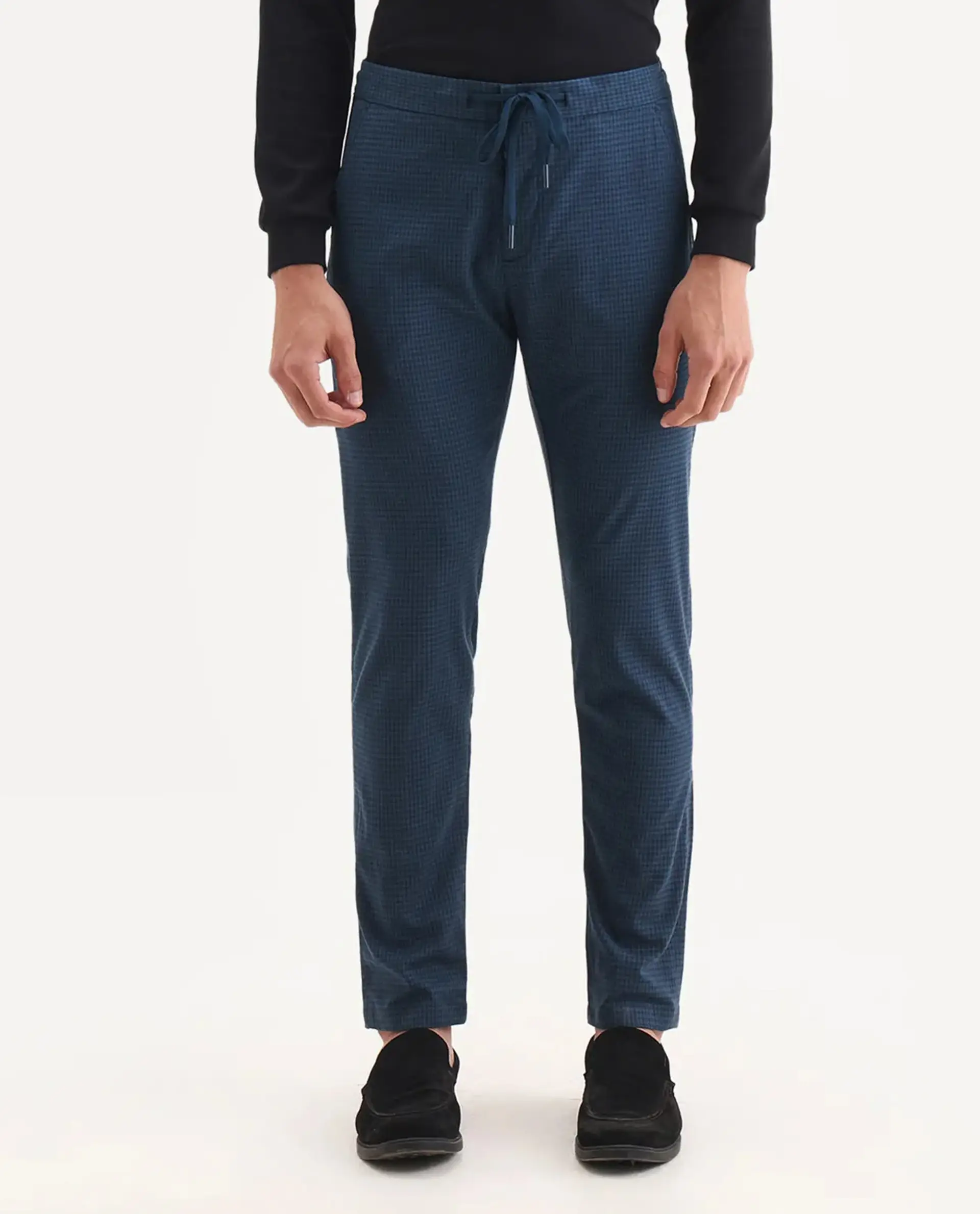 Rare Rabbit Men's Hobbs Petrol Cotton Checked Print Regular Fit Trouser - Image 8
