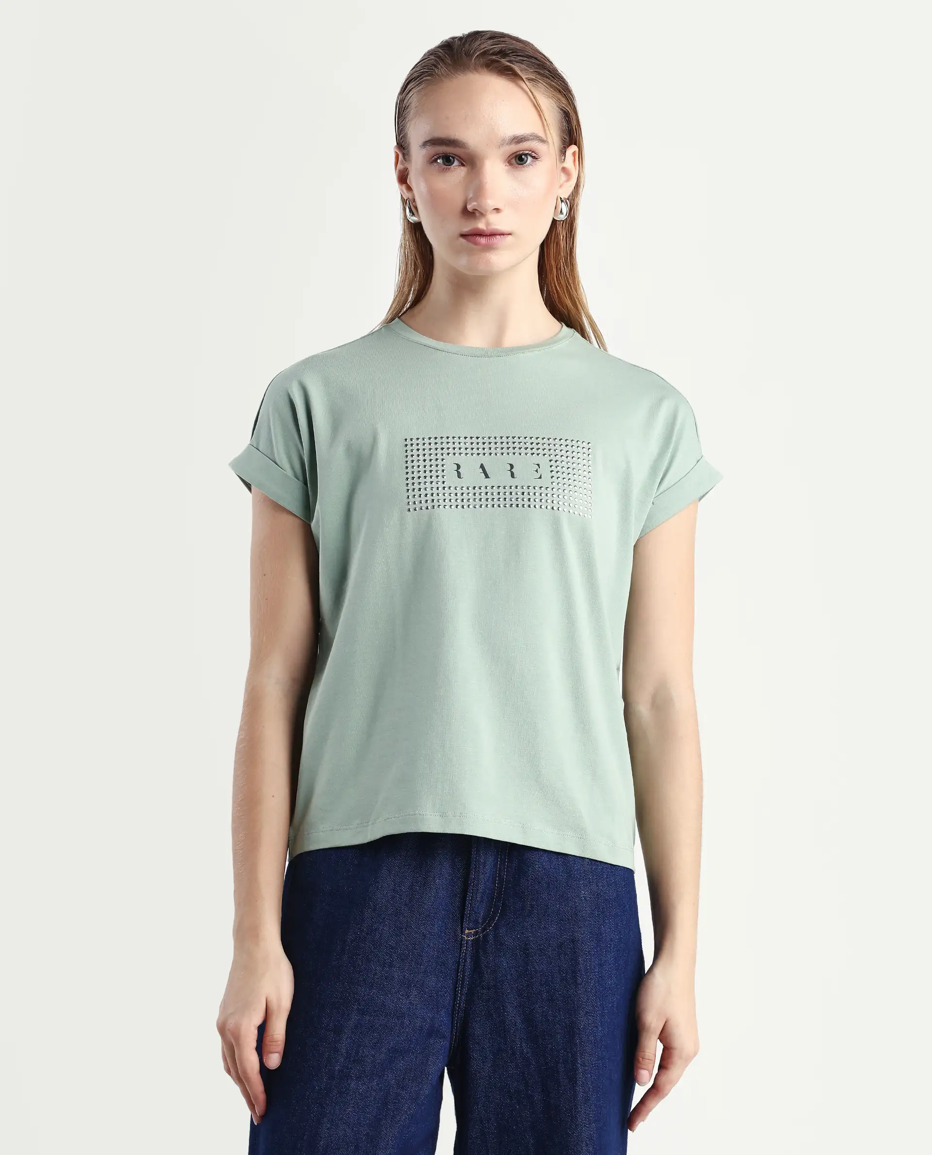 Rareism Women's Hoet Green Cotton Blend Crew Neck Graphic Print Extended Sleeves Regular Fit T-Shirt - Image 3