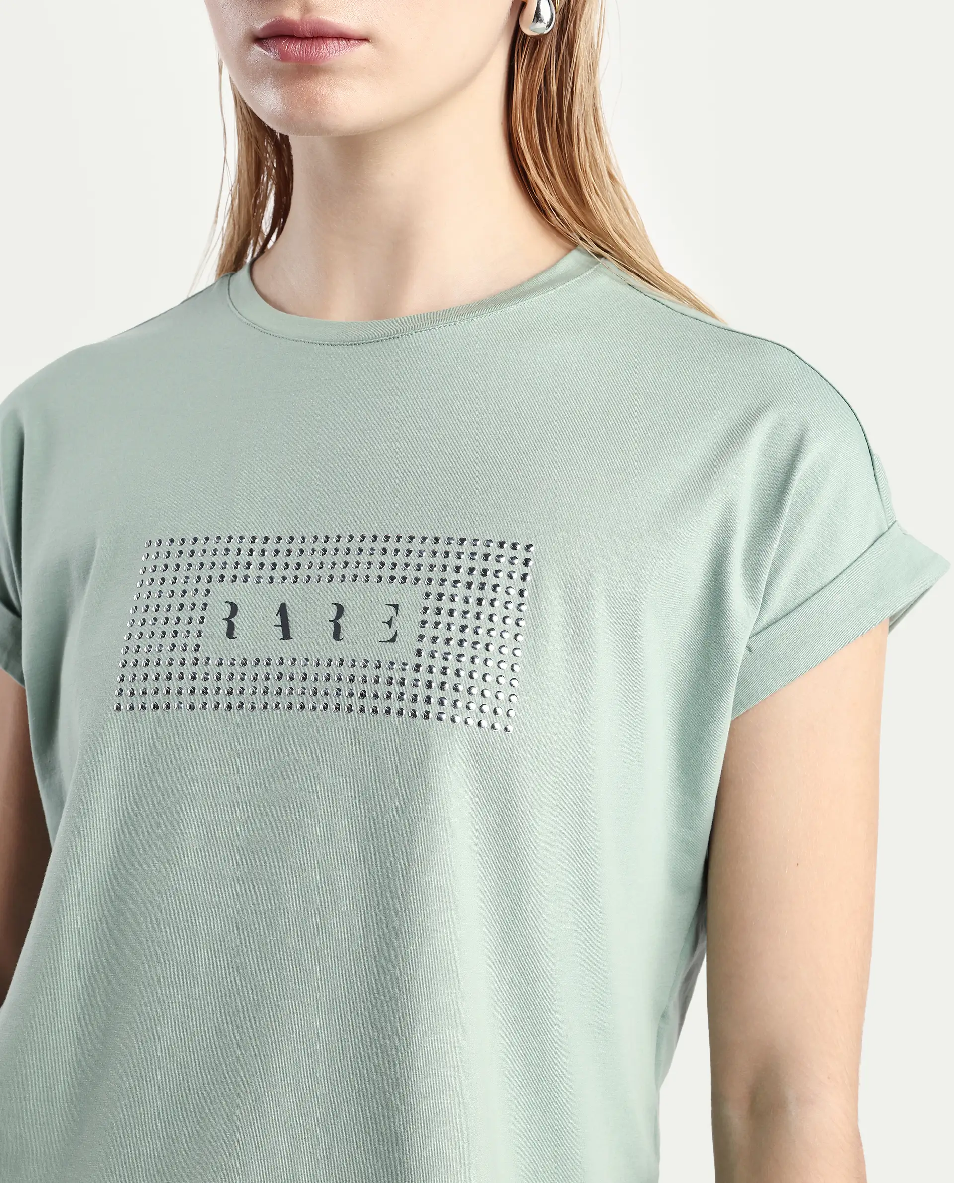 Rareism Women's Hoet Green Cotton Blend Crew Neck Graphic Print Extended Sleeves Regular Fit T-Shirt - Image 4