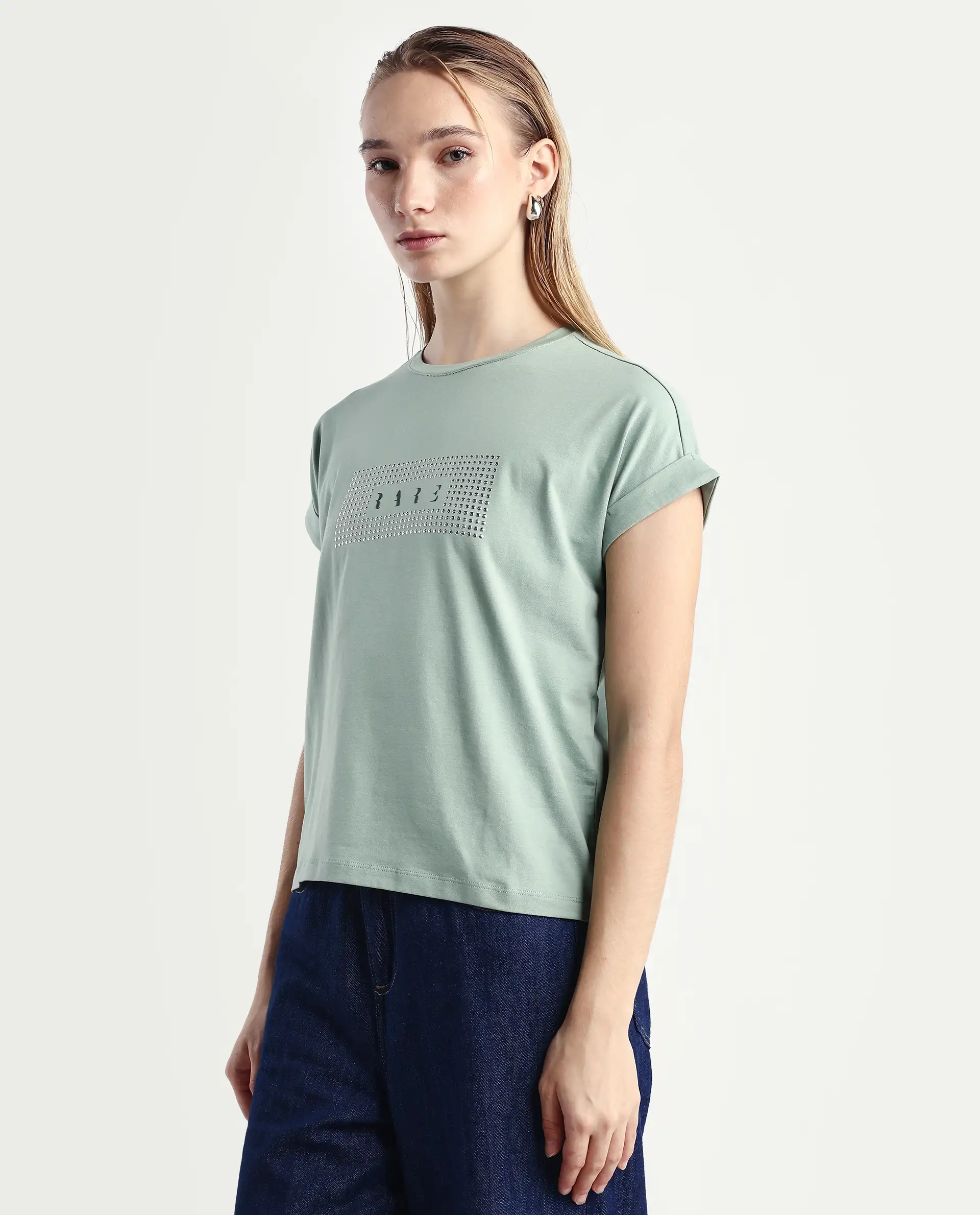 Rareism Women's Hoet Green Cotton Blend Crew Neck Graphic Print Extended Sleeves Regular Fit T-Shirt - Image 5