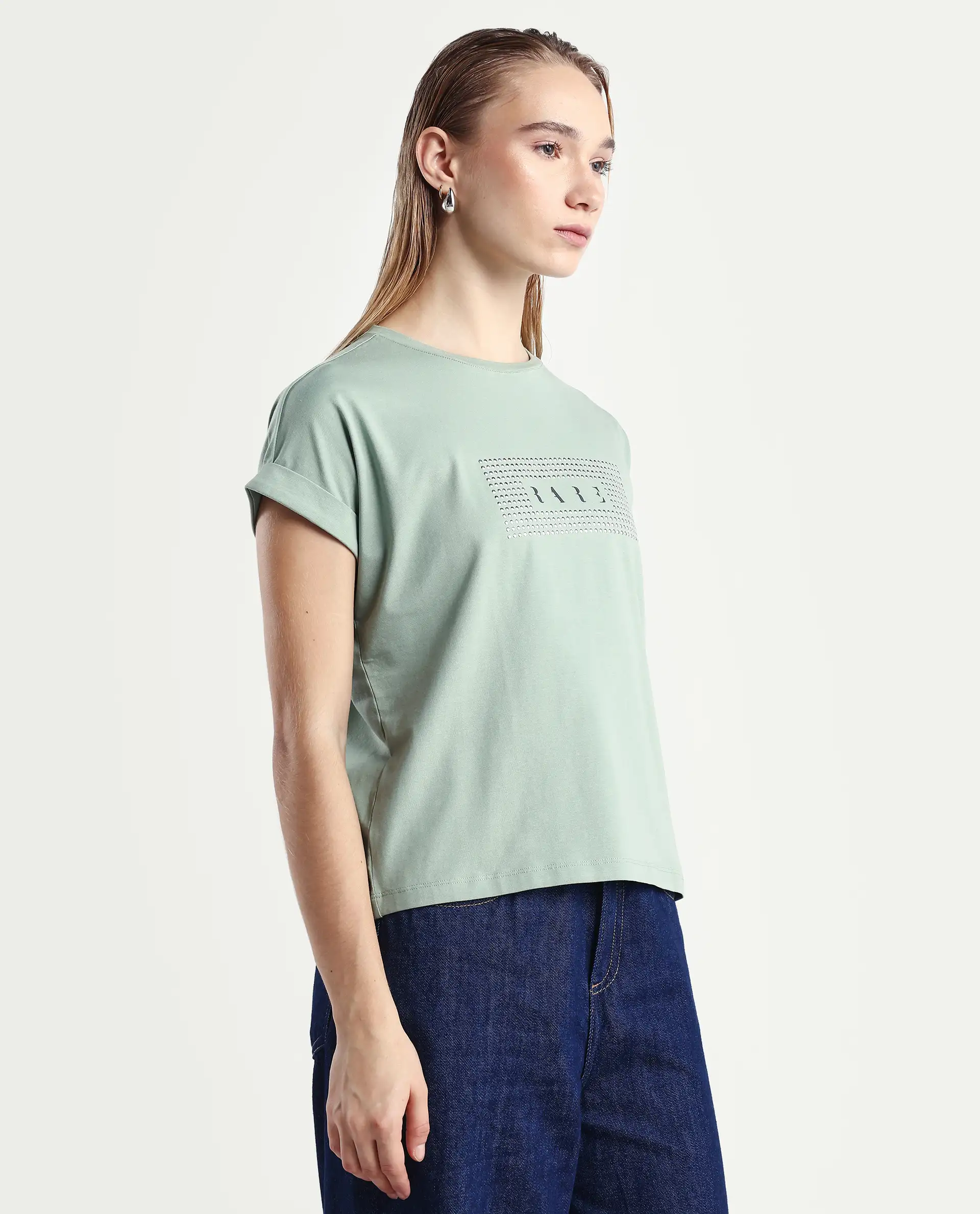 Rareism Women's Hoet Green Cotton Blend Crew Neck Graphic Print Extended Sleeves Regular Fit T-Shirt - Image 6
