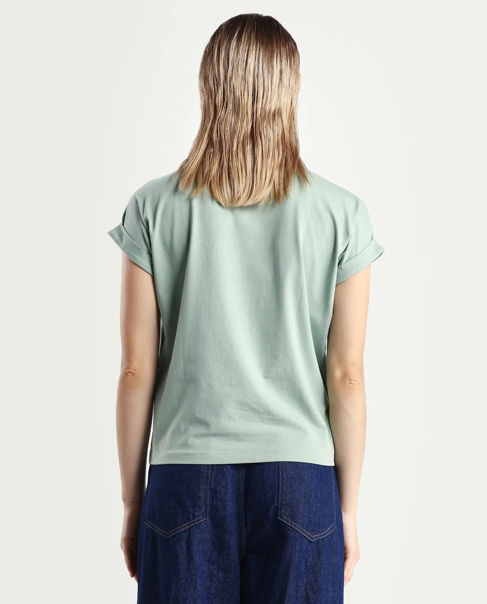 Rareism Women's Hoet Green Cotton Blend Crew Neck Graphic Print Extended Sleeves Regular Fit T-Shirt - Image 7