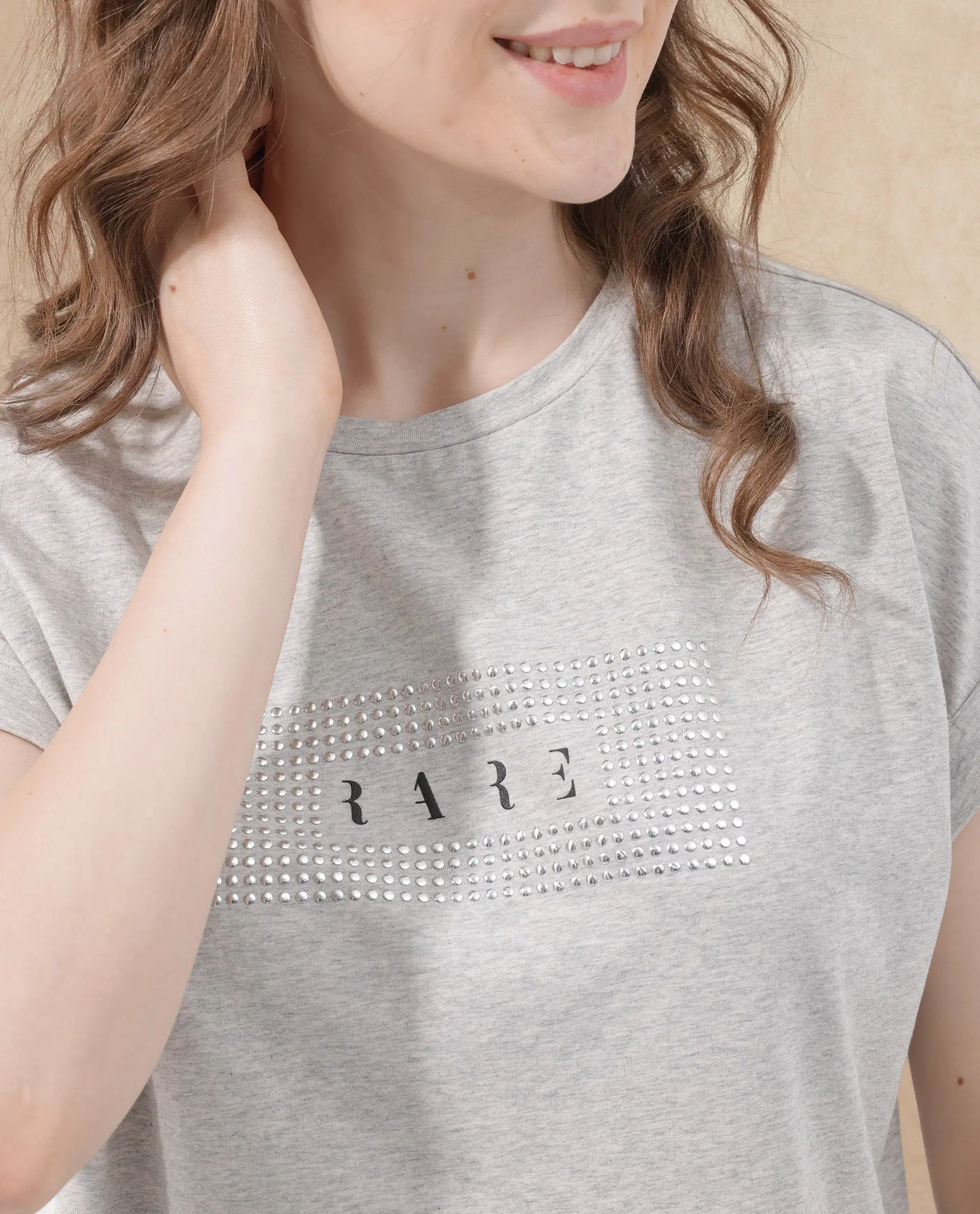 Rareism Women's Hoet Melange Grey Cotton Blend Crew Neck Graphic Print Short Sleeves Regular Fit T-Shirt - Image 3