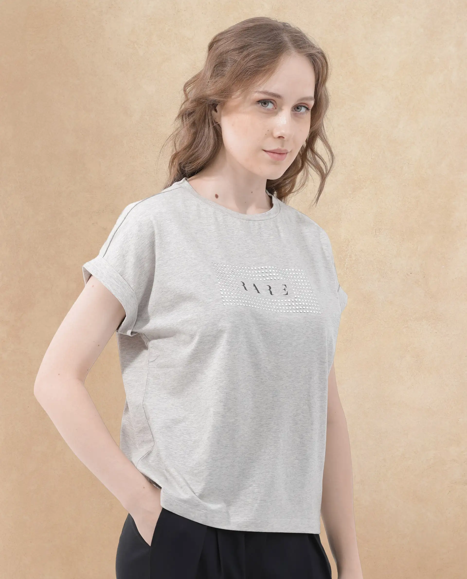Rareism Women's Hoet Melange Grey Cotton Blend Crew Neck Graphic Print Short Sleeves Regular Fit T-Shirt - Image 4