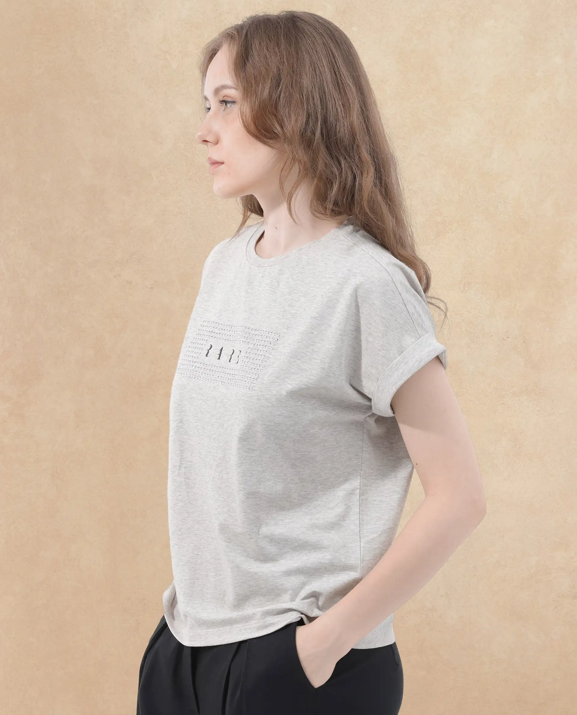 Rareism Women's Hoet Melange Grey Cotton Blend Crew Neck Graphic Print Short Sleeves Regular Fit T-Shirt - Image 5