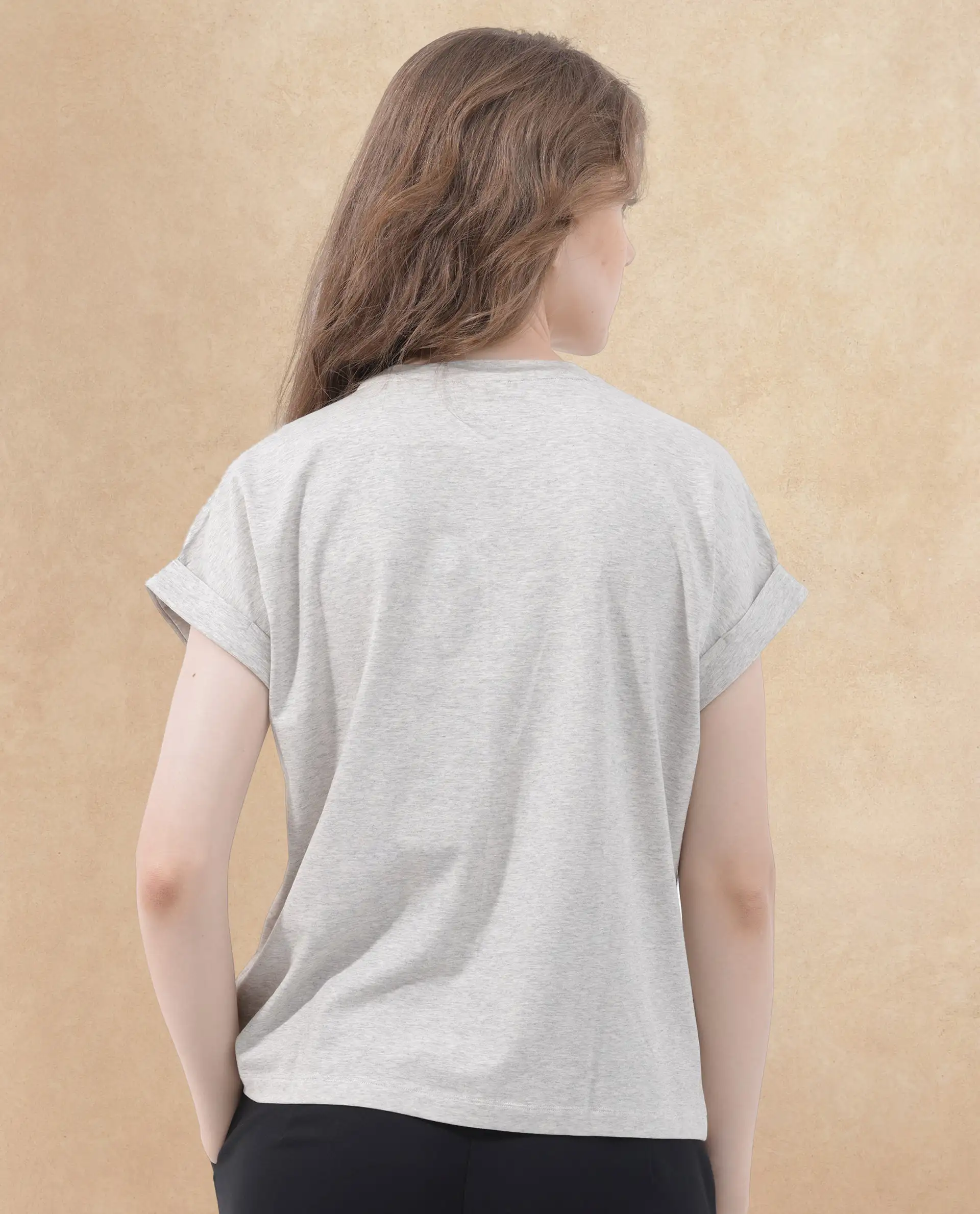 Rareism Women's Hoet Melange Grey Cotton Blend Crew Neck Graphic Print Short Sleeves Regular Fit T-Shirt - Image 6