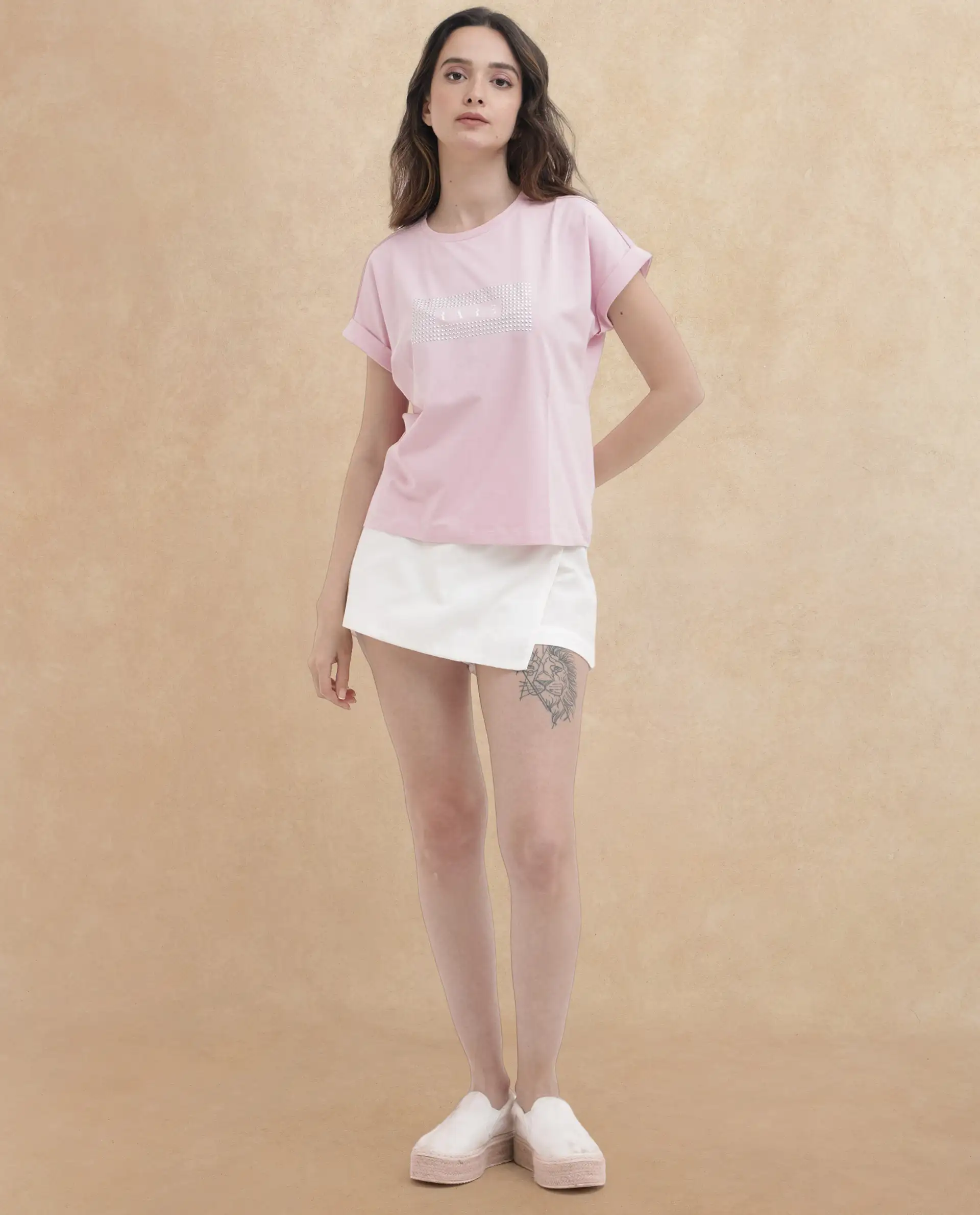 Rareism Women's Hoet Pink Cotton Blend Crew Neck Graphic Print Extended Sleeves Regular Fit T-Shirt - Image 2