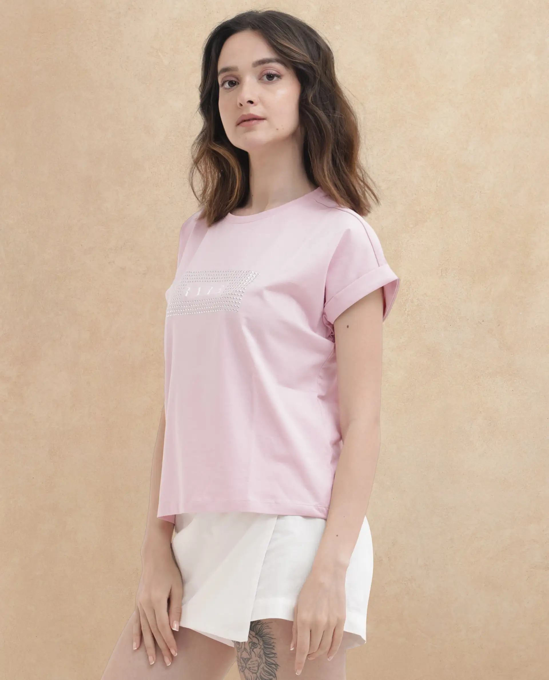 Rareism Women's Hoet Pink Cotton Blend Crew Neck Graphic Print Extended Sleeves Regular Fit T-Shirt - Image 6