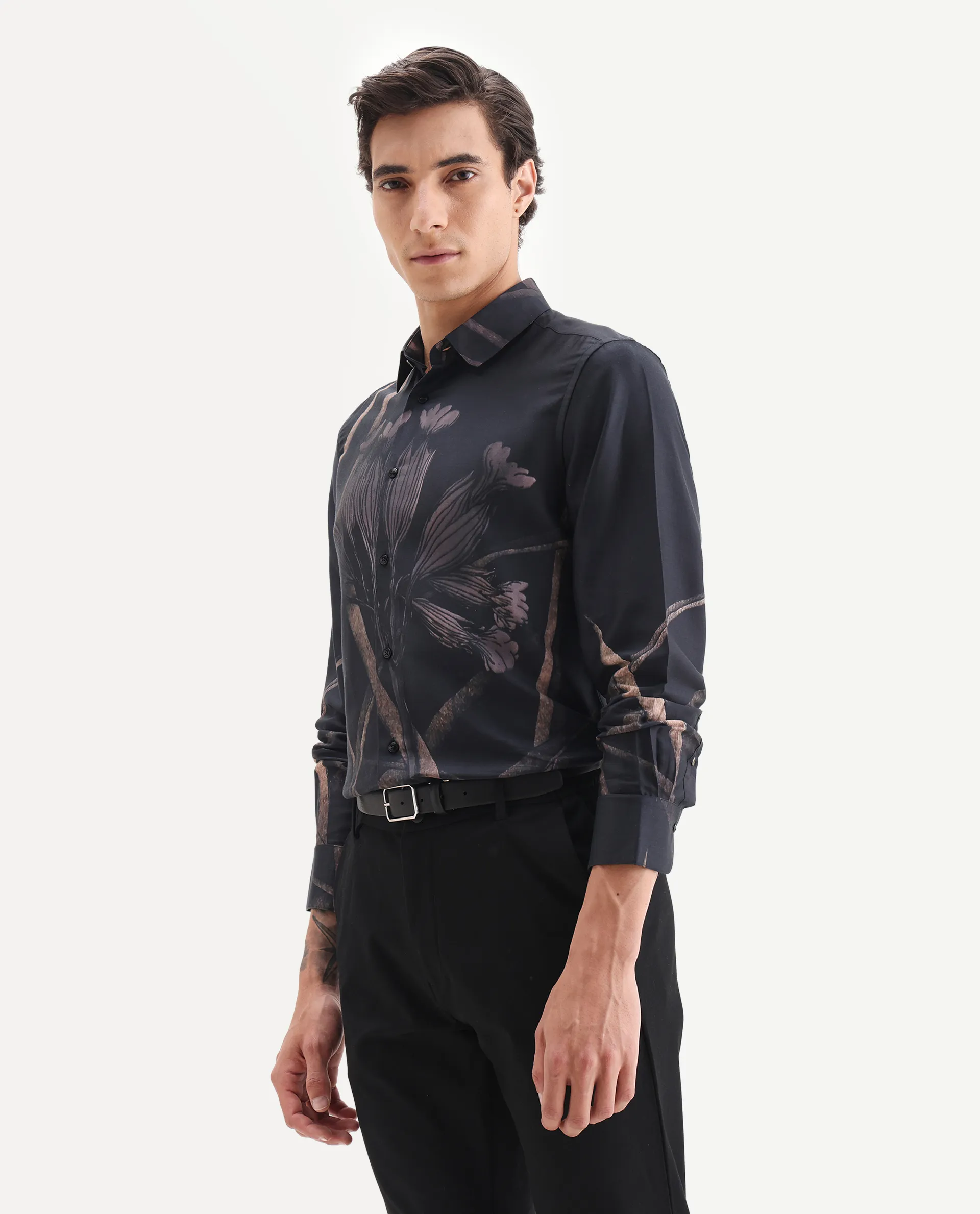 Rare Rabbit Men's Hofd Dusky Black Cotton Blend Fabric Spread Collar Regular Fit Floral Print Shirt - Image 2