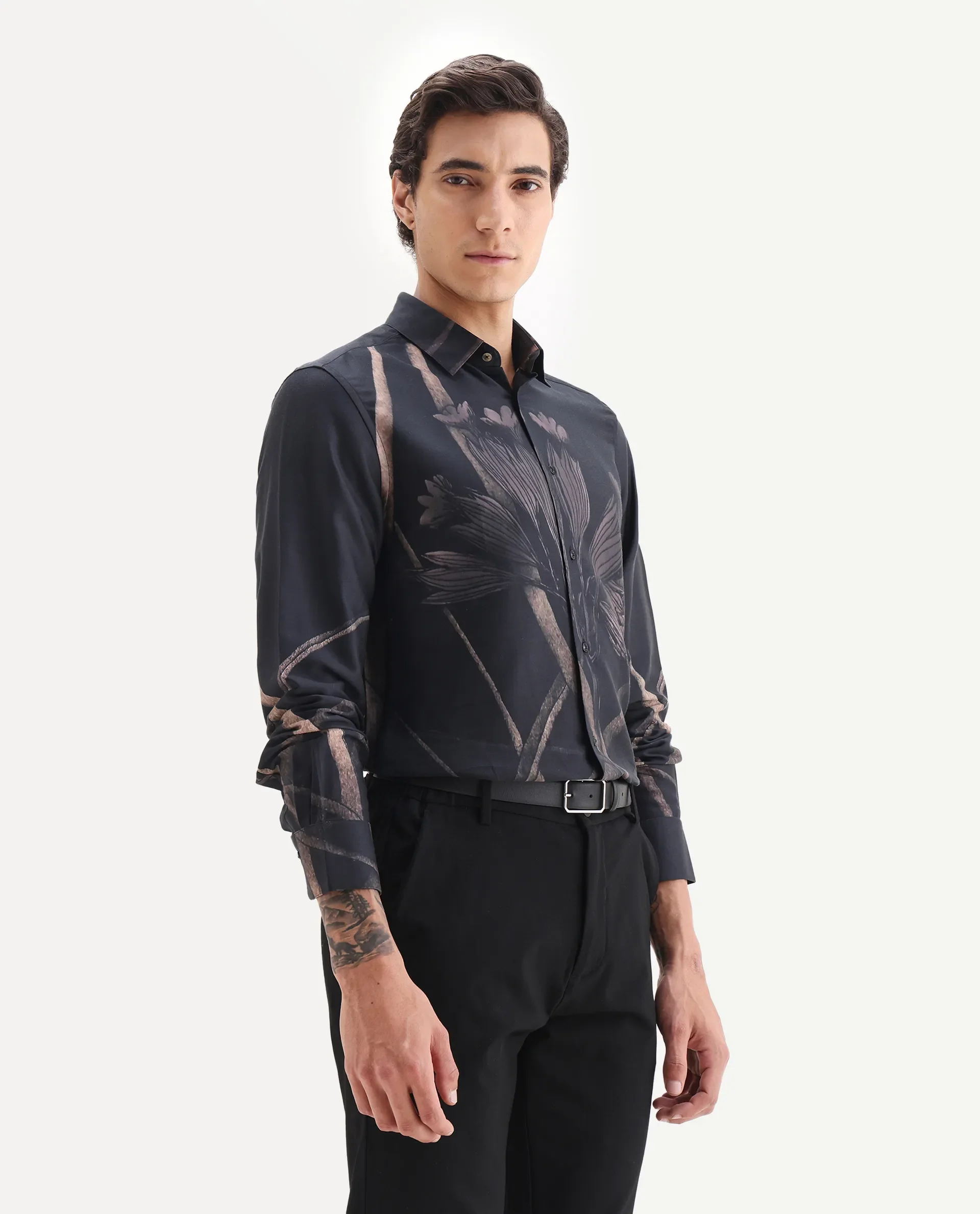 Rare Rabbit Men's Hofd Dusky Black Cotton Blend Fabric Spread Collar Regular Fit Floral Print Shirt - Image 3