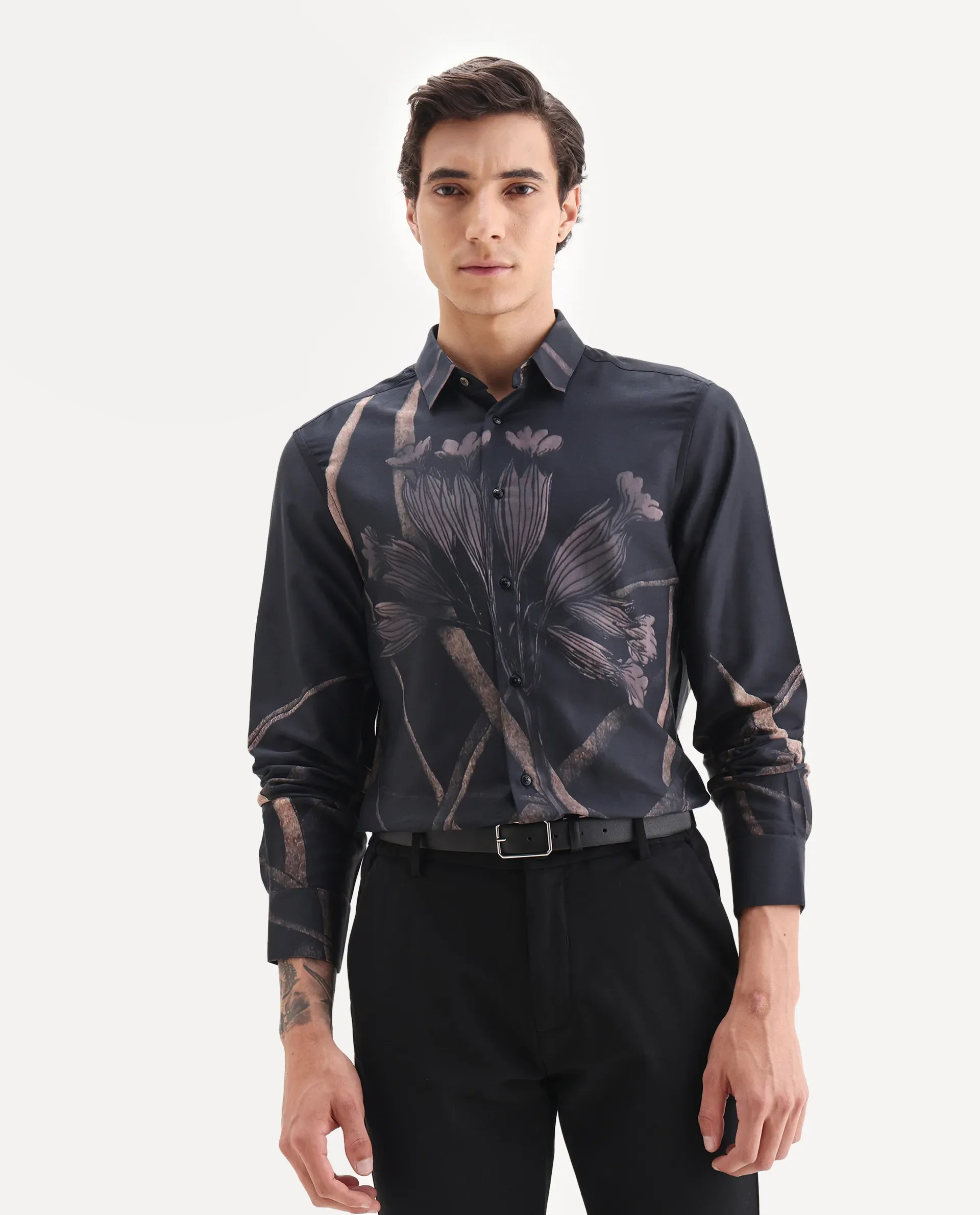Rare Rabbit Men's Hofd Dusky Black Cotton Blend Fabric Spread Collar Regular Fit Floral Print Shirt - Image 4