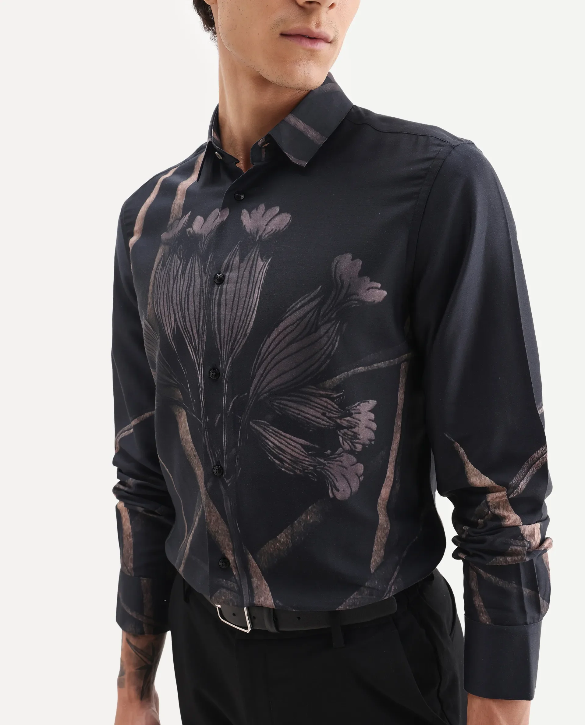 Rare Rabbit Men's Hofd Dusky Black Cotton Blend Fabric Spread Collar Regular Fit Floral Print Shirt - Image 6