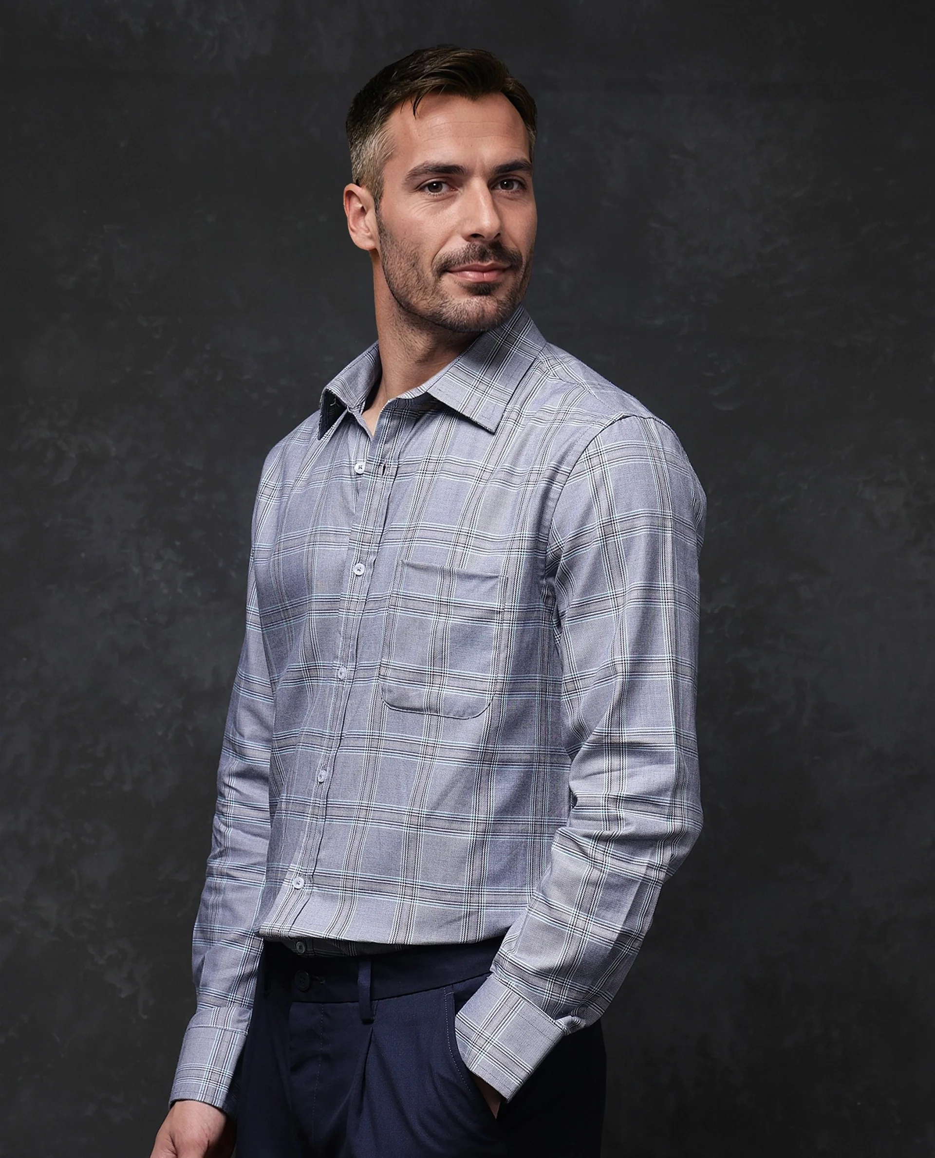 Rare Rabbit Men's Hoff Navy Cotton Checked Print Regular Fit Full Sleeve Collared Shirt - Image 5