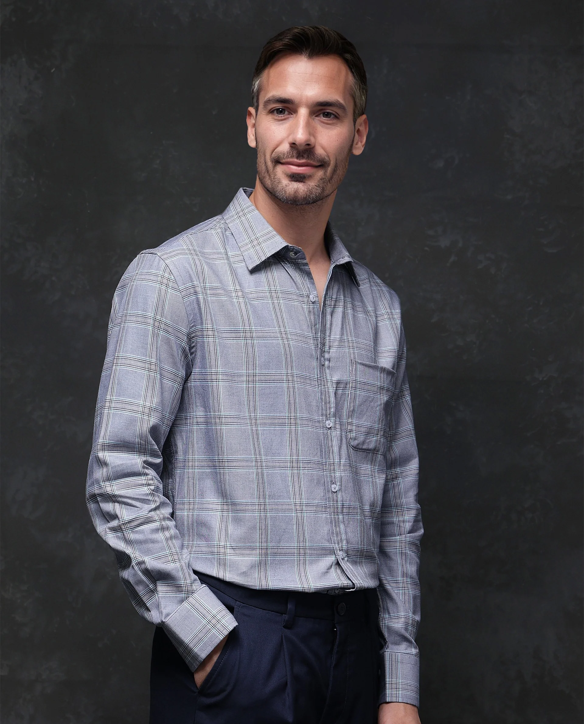 Rare Rabbit Men's Hoff Navy Cotton Checked Print Regular Fit Full Sleeve Collared Shirt - Image 6