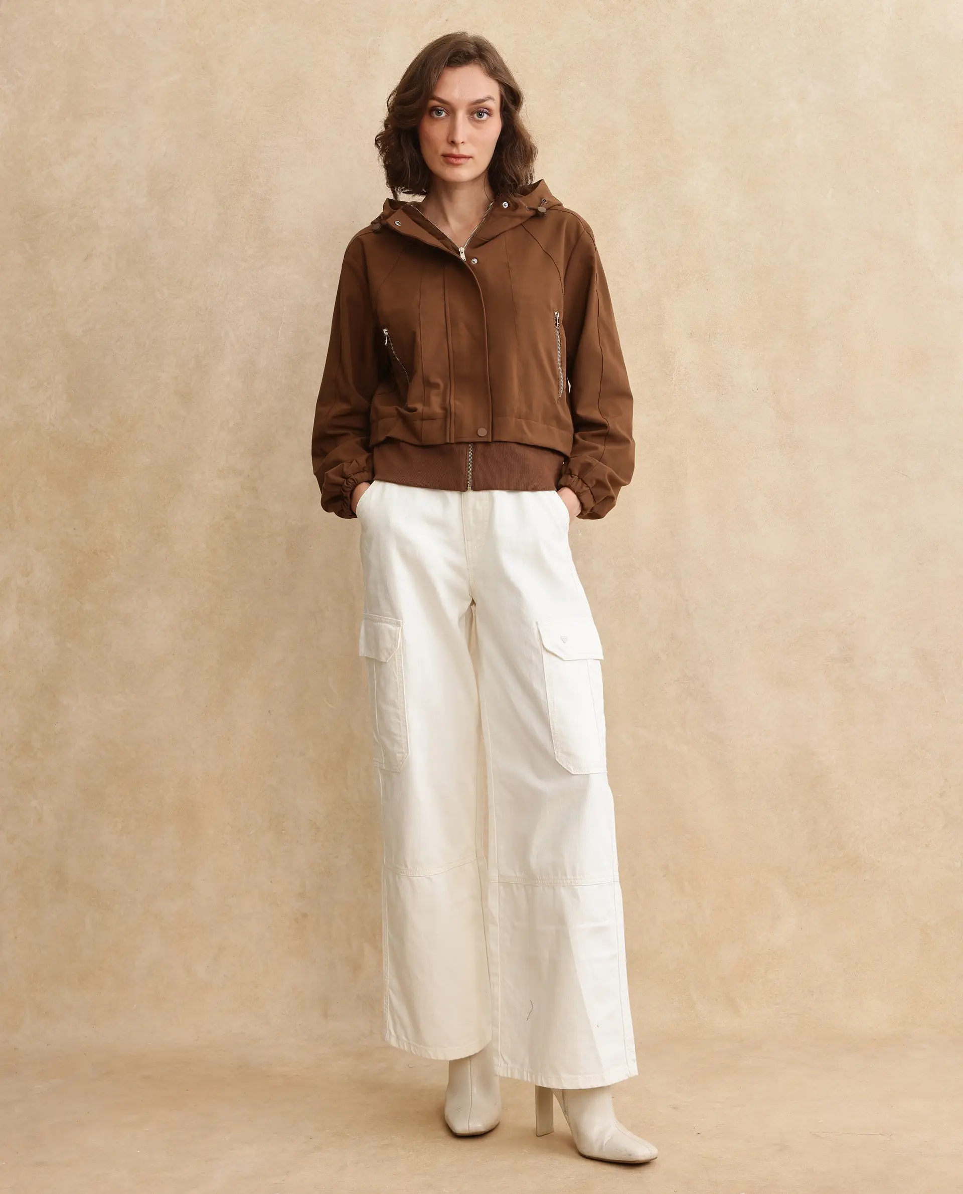 Rareism Women's Hoian Dark Beige Stand Collar Plain Ribbed Sleeve Boxy Fit Jacket - Image 2