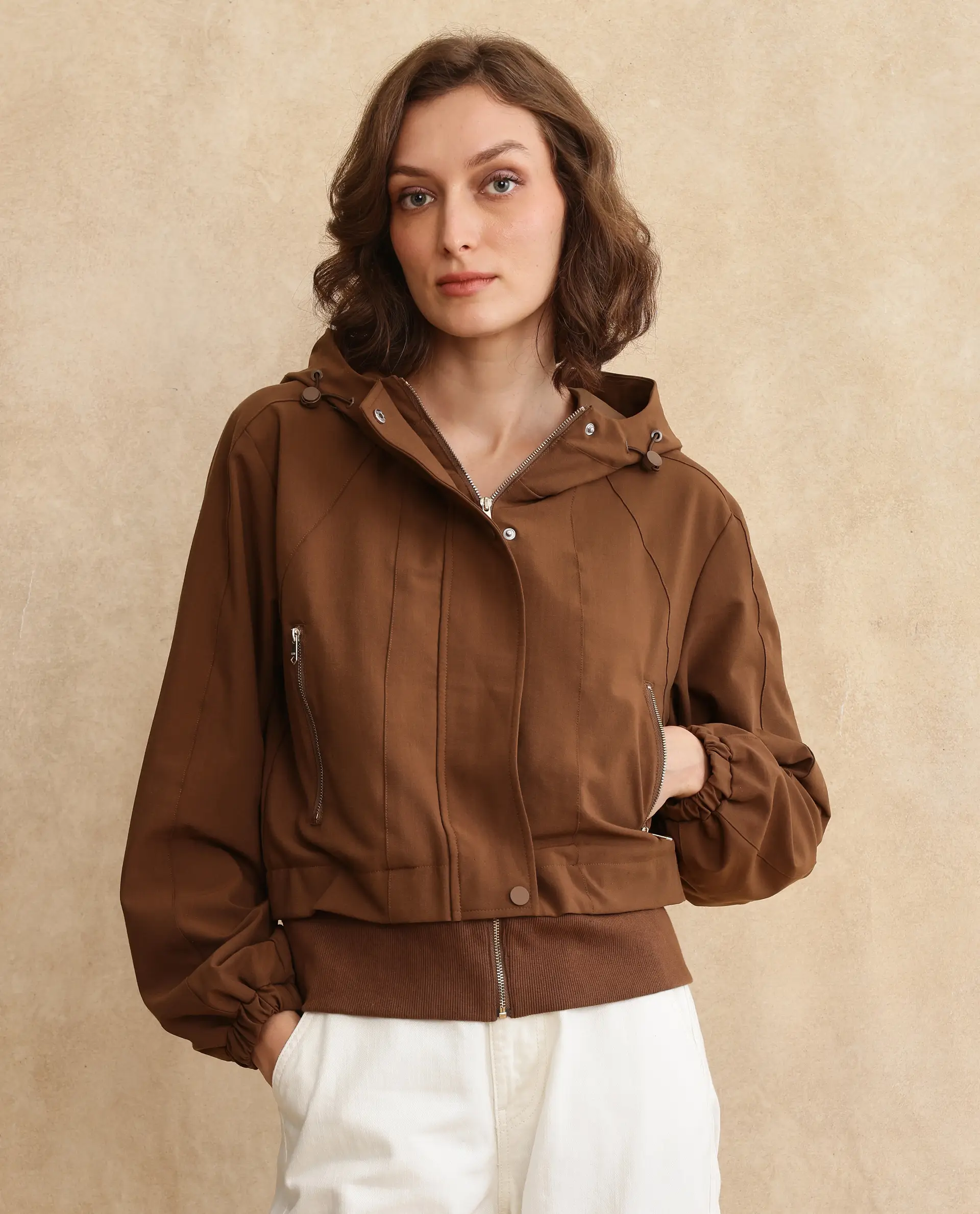 Rareism Women's Hoian Dark Beige Stand Collar Plain Ribbed Sleeve Boxy Fit Jacket - Image 3
