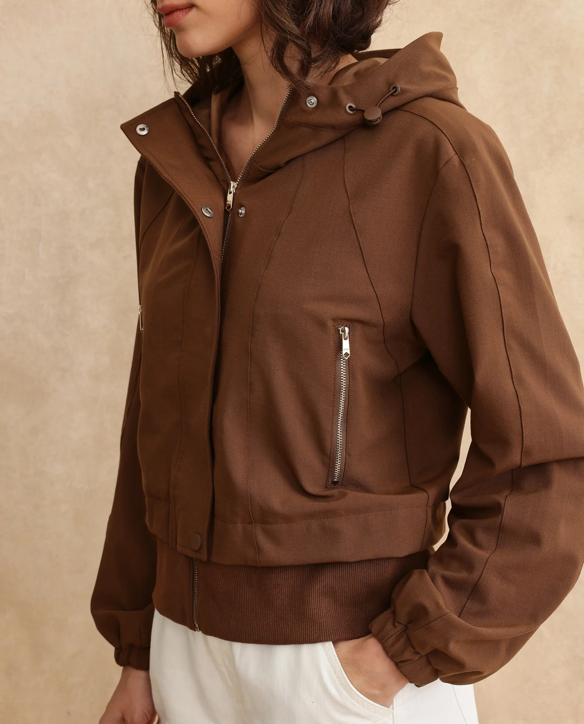 Rareism Women's Hoian Dark Beige Stand Collar Plain Ribbed Sleeve Boxy Fit Jacket - Image 4