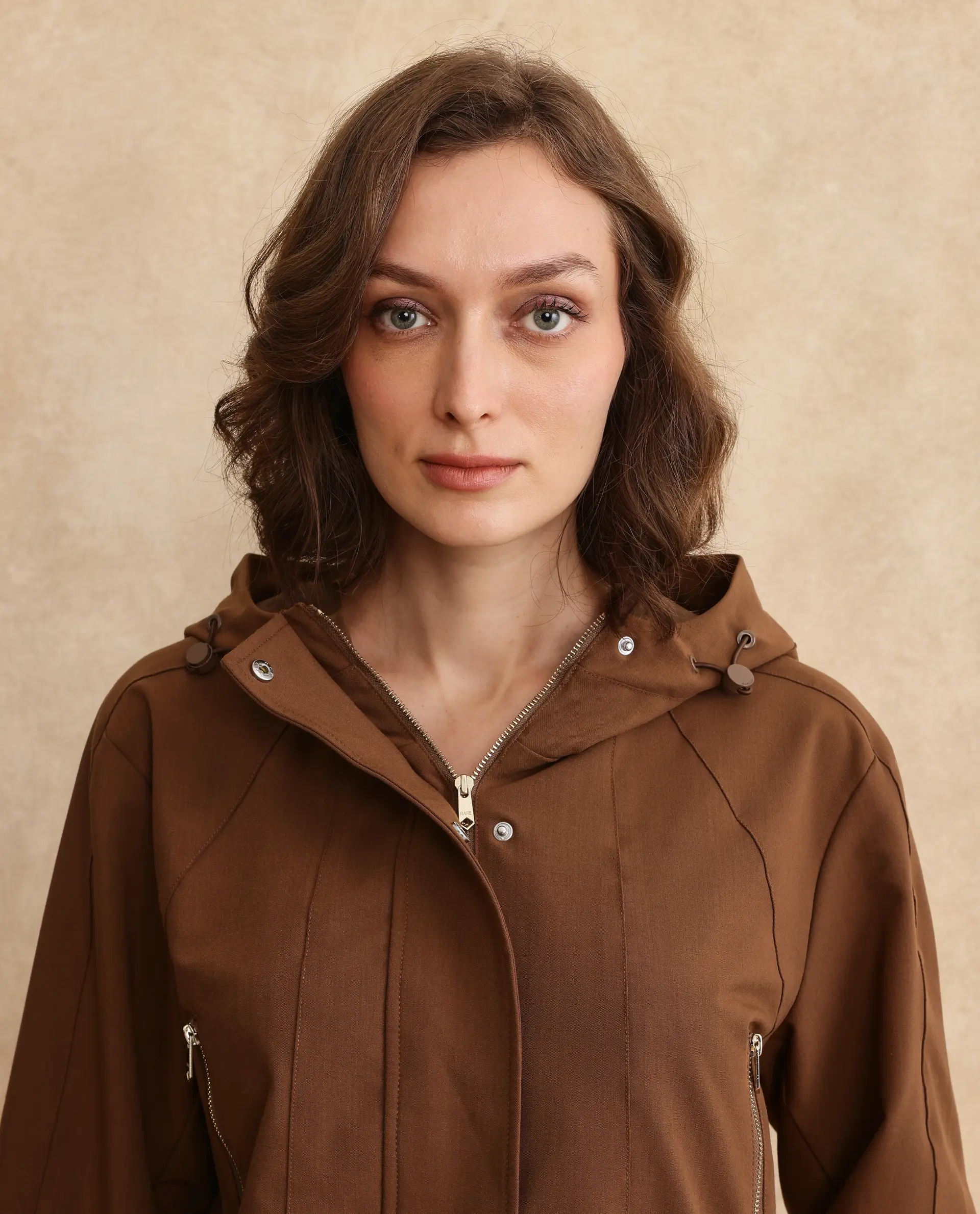 Rareism Women's Hoian Dark Beige Stand Collar Plain Ribbed Sleeve Boxy Fit Jacket - Image 5