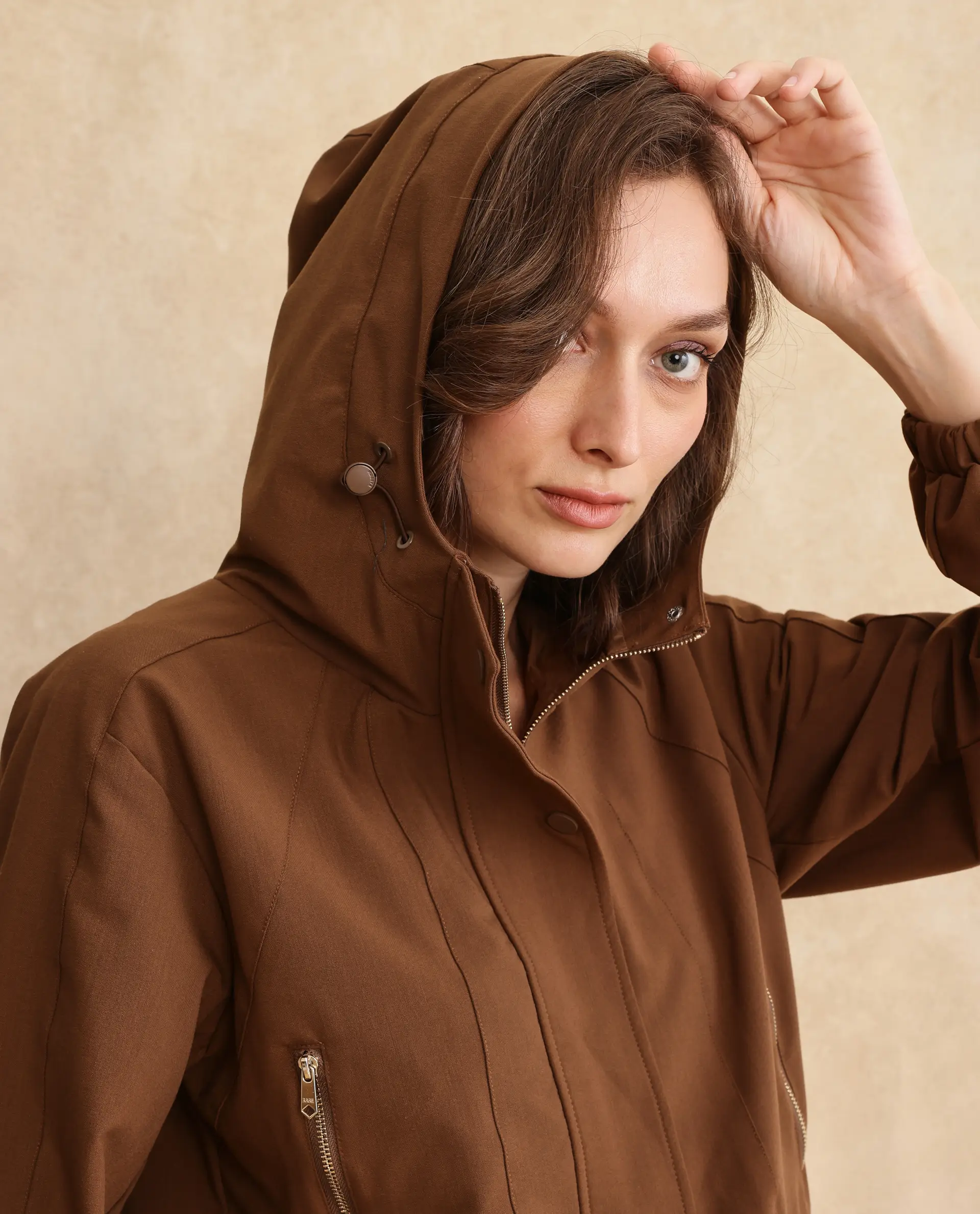 Rareism Women's Hoian Dark Beige Stand Collar Plain Ribbed Sleeve Boxy Fit Jacket - Image 6