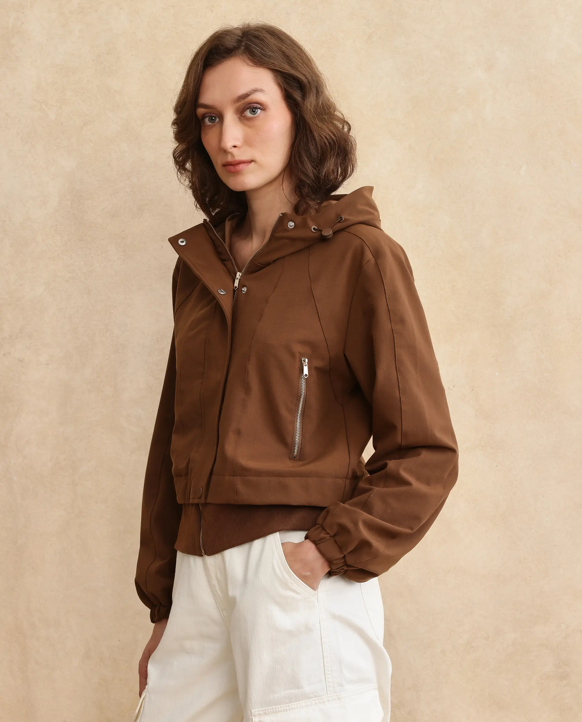 Rareism Women's Hoian Dark Beige Stand Collar Plain Ribbed Sleeve Boxy Fit Jacket - Image 7