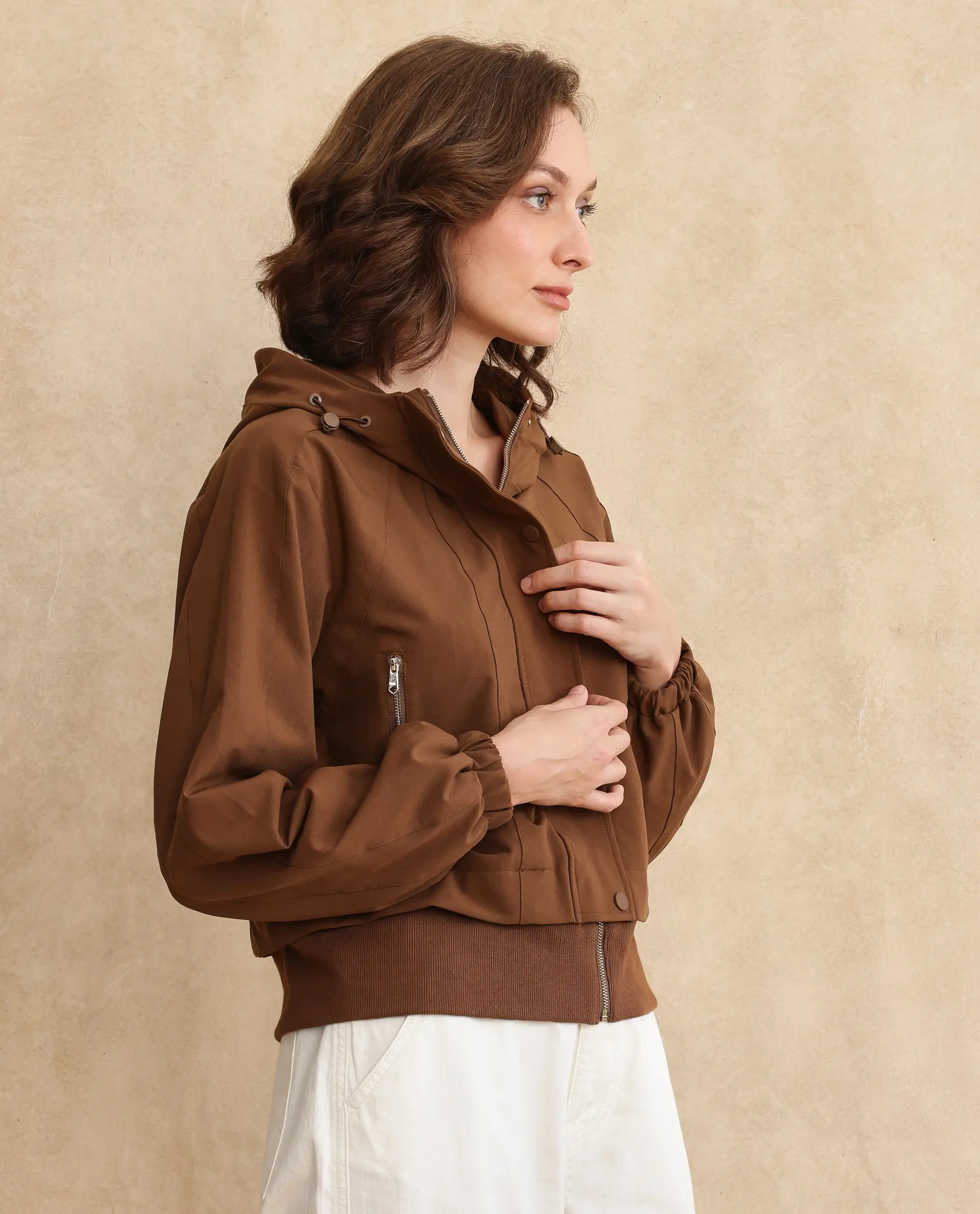 Rareism Women's Hoian Dark Beige Stand Collar Plain Ribbed Sleeve Boxy Fit Jacket - Image 8