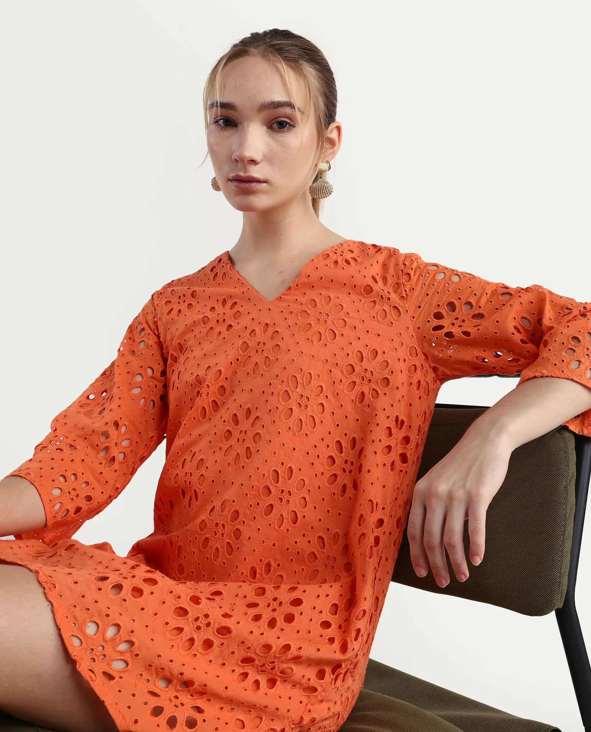 Rareism Women's Hoiter Orange Cotton V-Neck Plain Bell Sleeve Mini A-Line Dress - Image 2