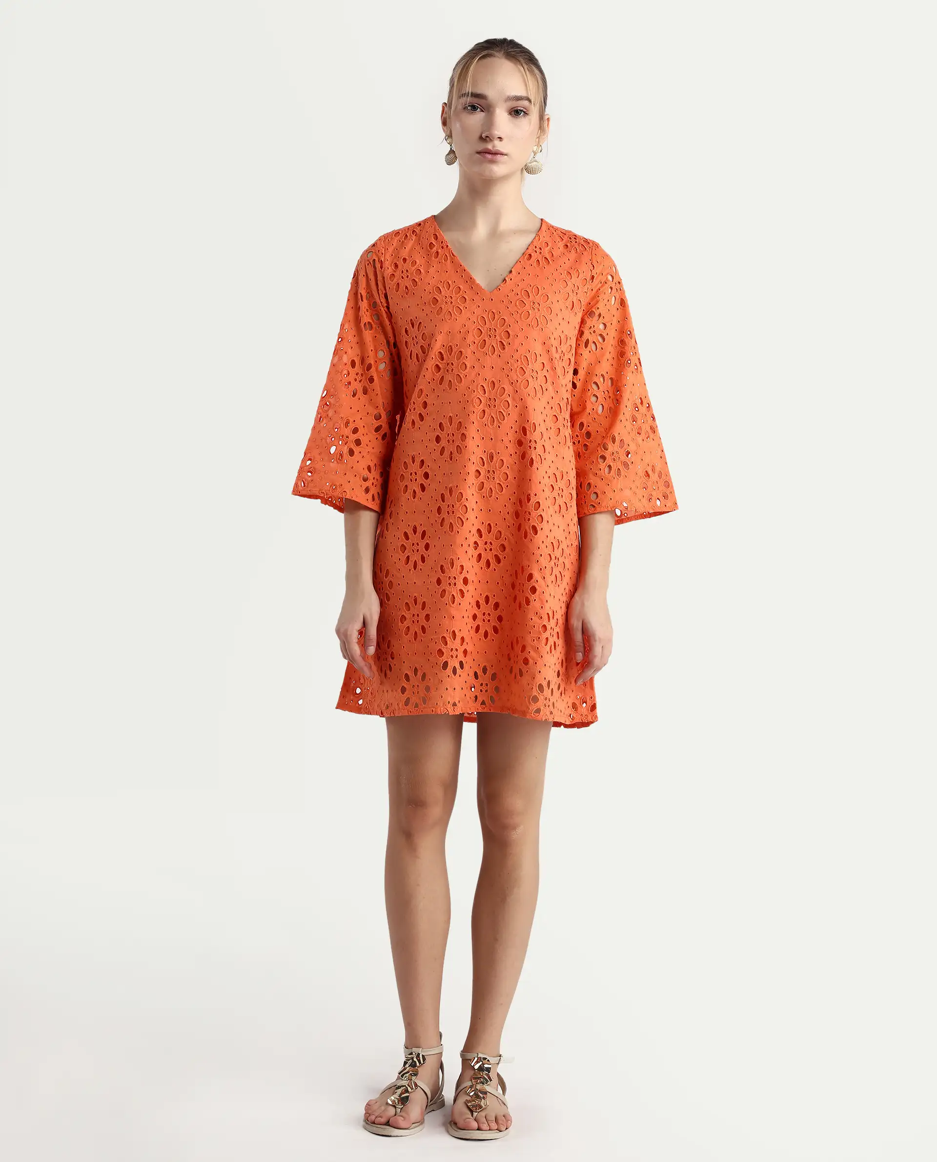 Rareism Women's Hoiter Orange Cotton V-Neck Plain Bell Sleeve Mini A-Line Dress - Image 3