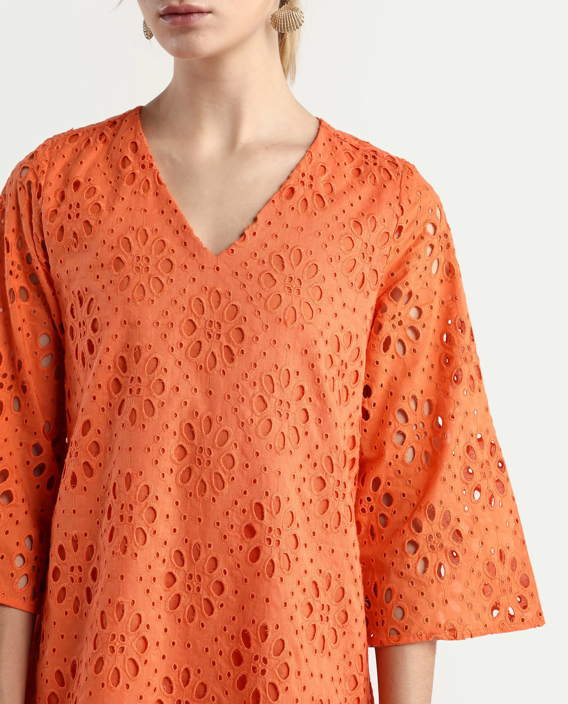 Rareism Women's Hoiter Orange Cotton V-Neck Plain Bell Sleeve Mini A-Line Dress - Image 4