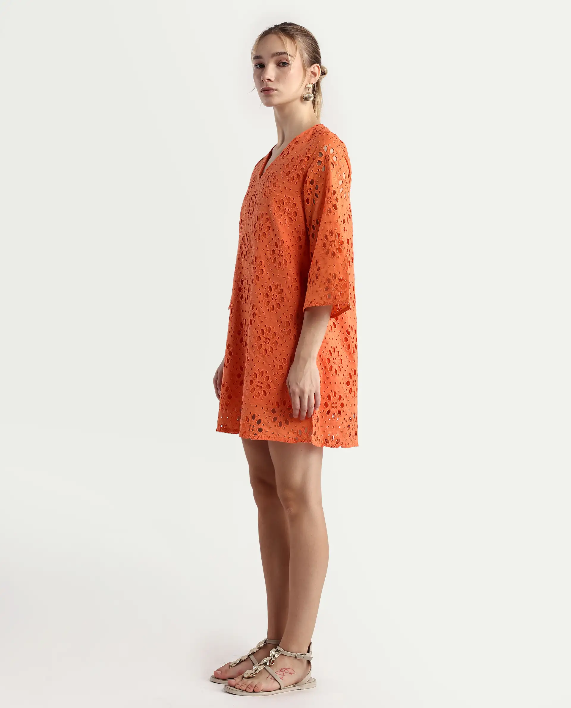 Rareism Women's Hoiter Orange Cotton V-Neck Plain Bell Sleeve Mini A-Line Dress - Image 5