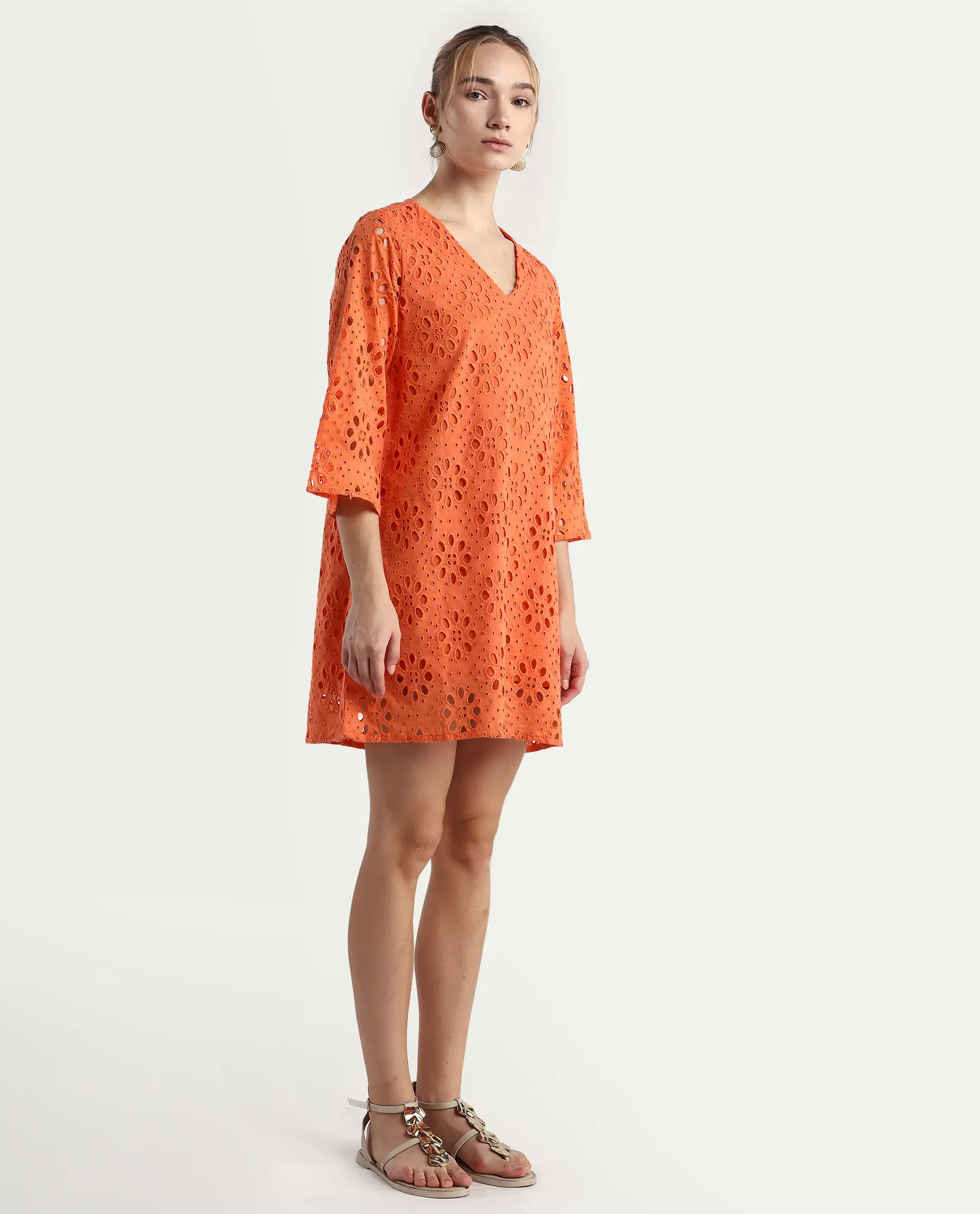Rareism Women's Hoiter Orange Cotton V-Neck Plain Bell Sleeve Mini A-Line Dress - Image 6