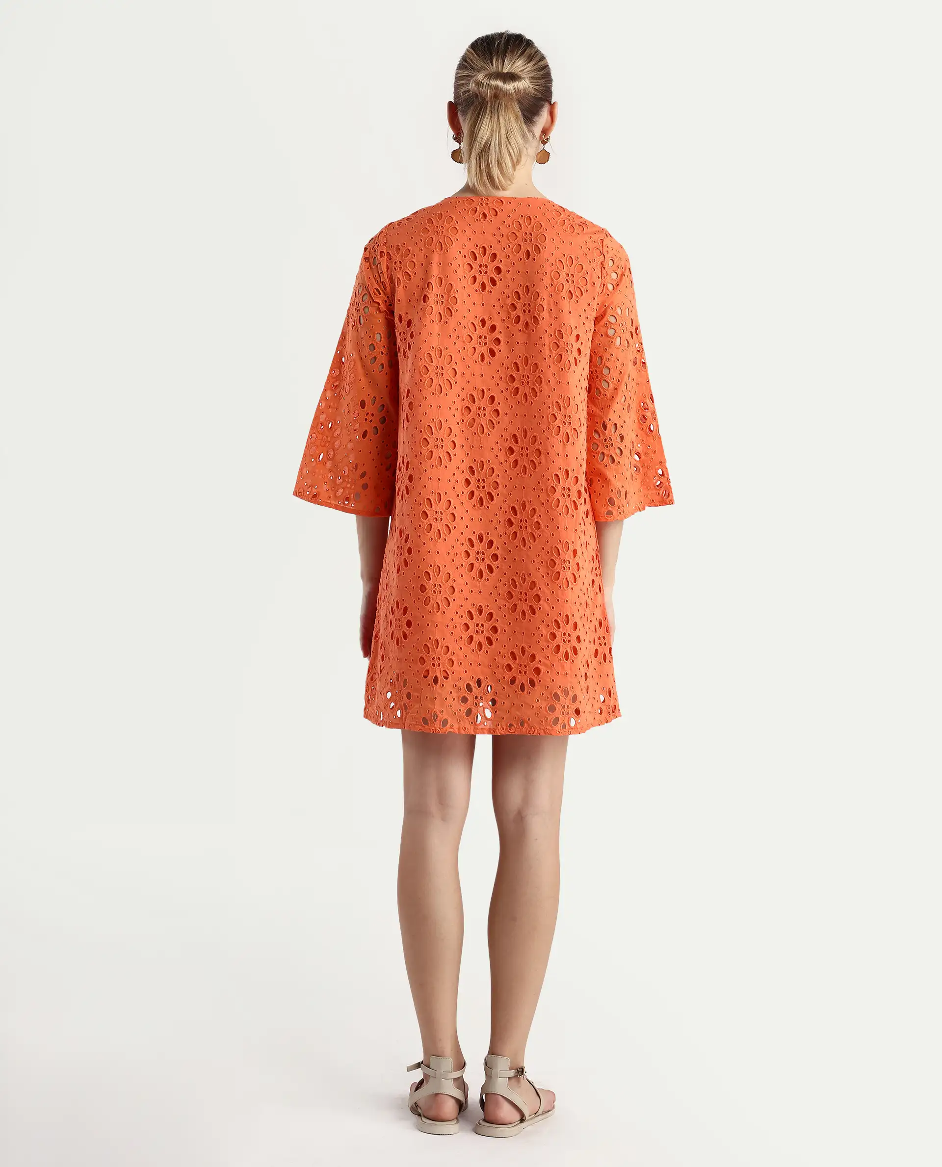 Rareism Women's Hoiter Orange Cotton V-Neck Plain Bell Sleeve Mini A-Line Dress - Image 7