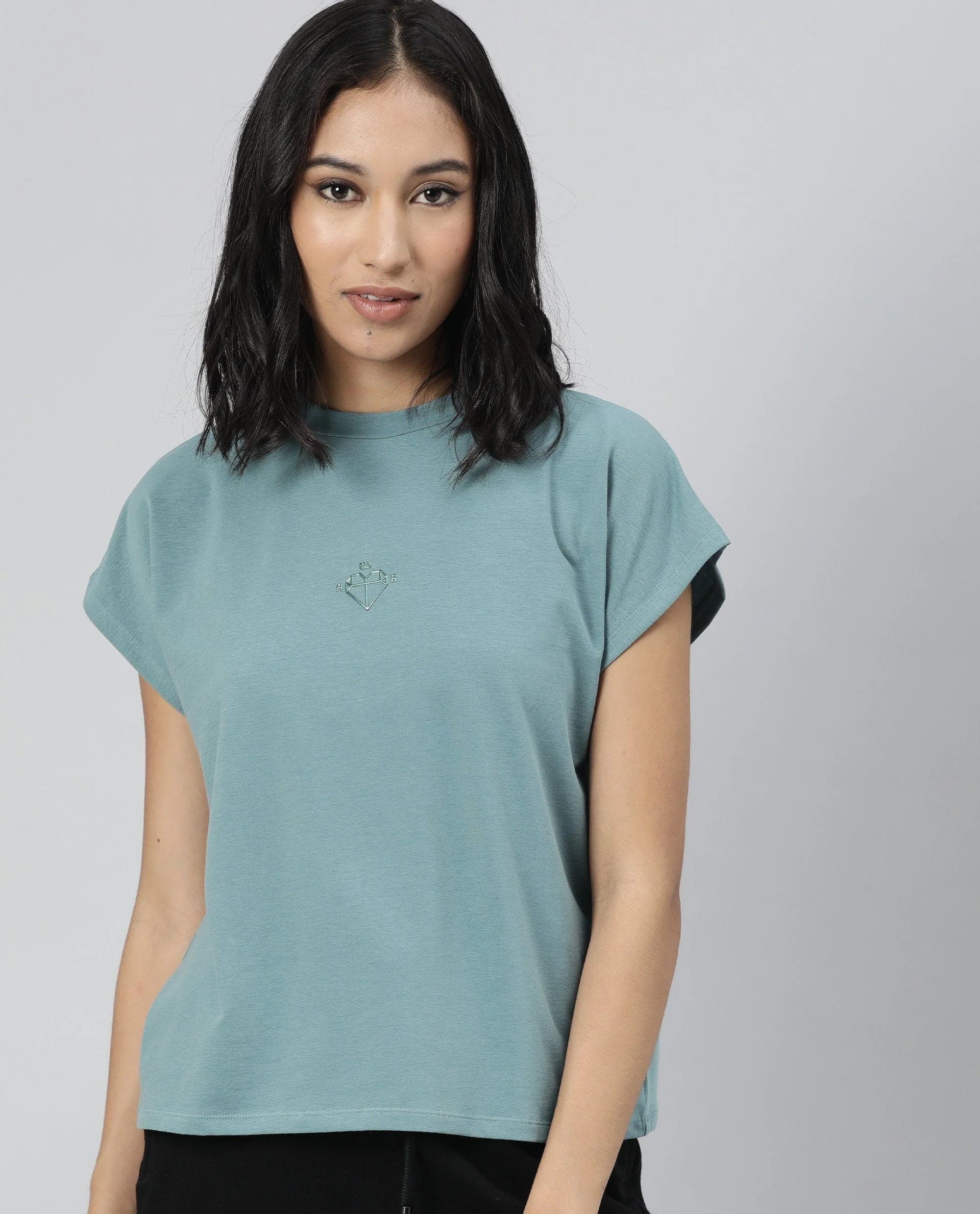 Rareism Womens Hola Green T-Shirt High Neck Polycotton Spandex Fabric