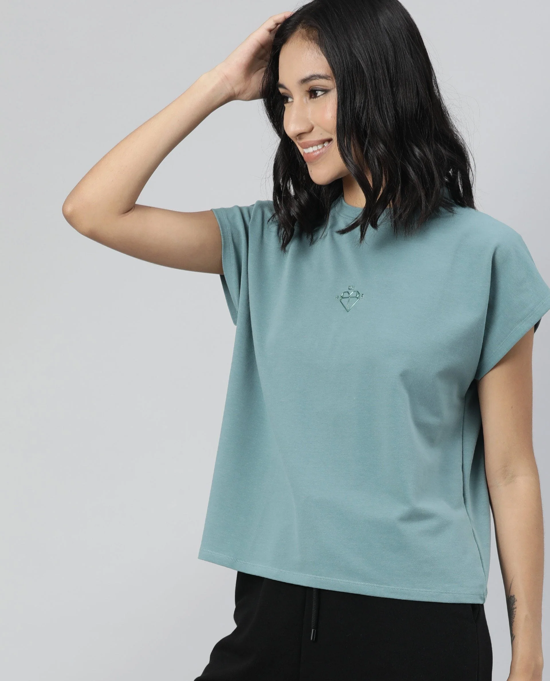 Rareism Womens Hola Green T-Shirt High Neck Polycotton Spandex Fabric - Image 3