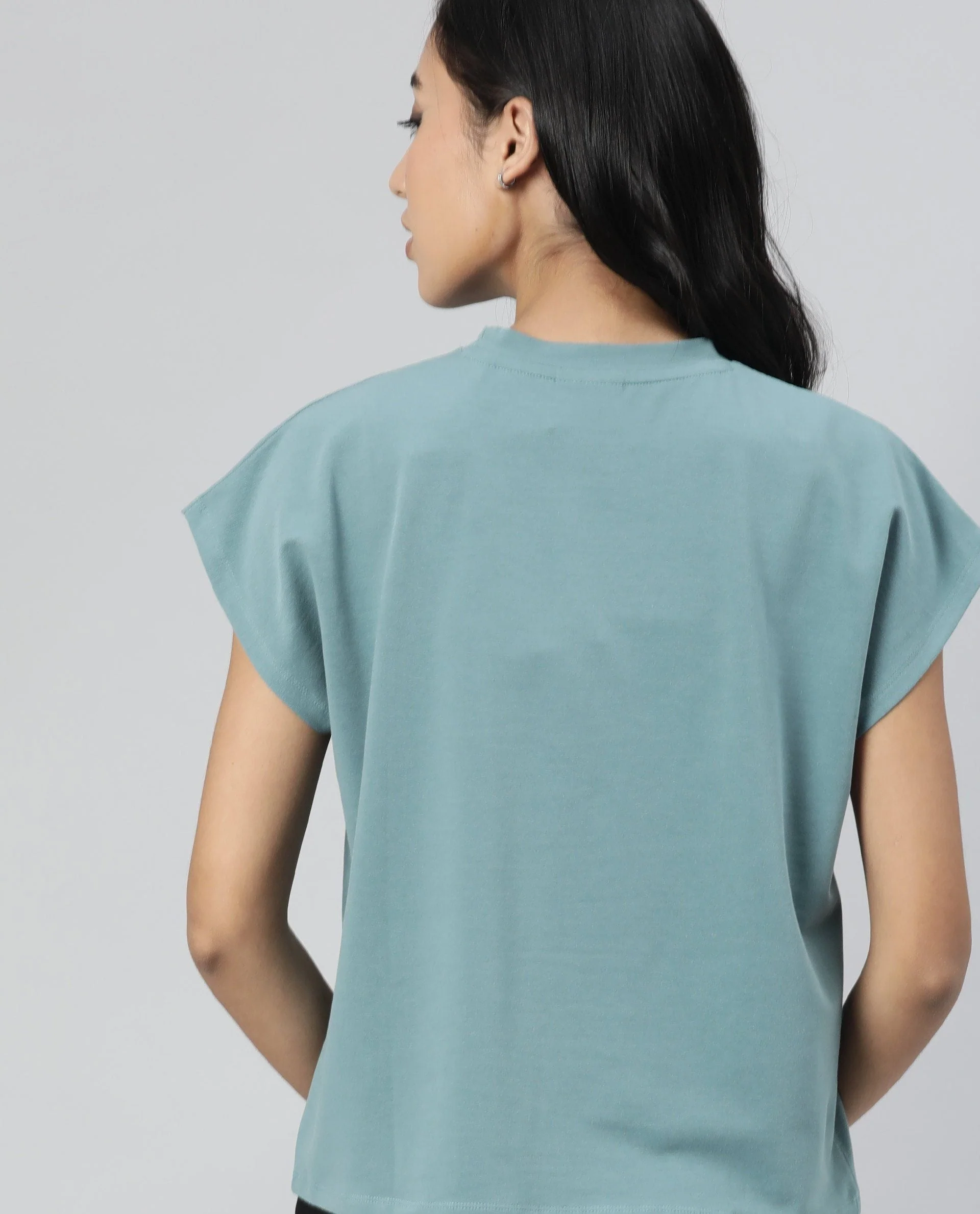 Rareism Womens Hola Green T-Shirt High Neck Polycotton Spandex Fabric - Image 6