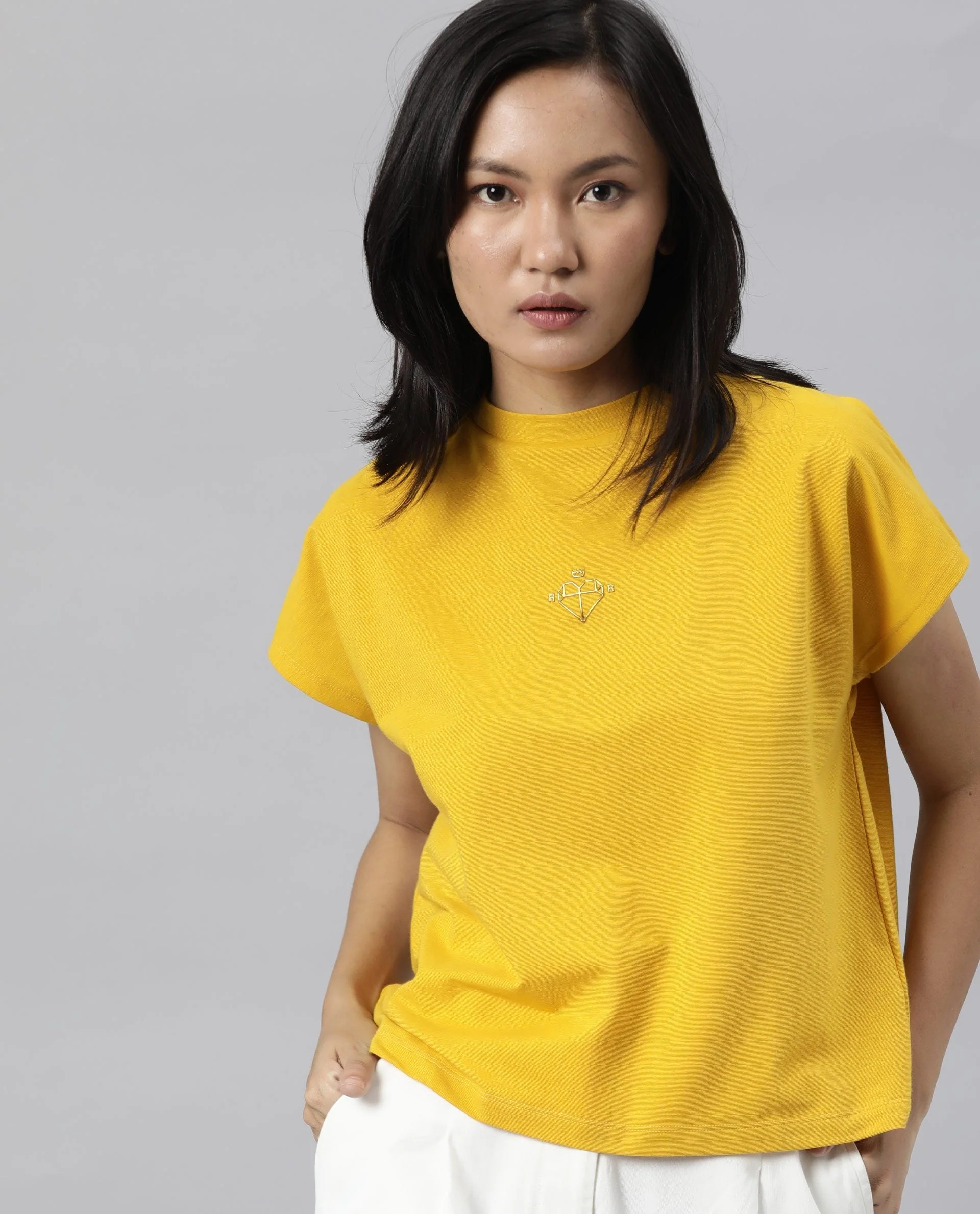 Rareism Womens Hola Mustard T-Shirt High Neck Polycotton Spandex Fabric