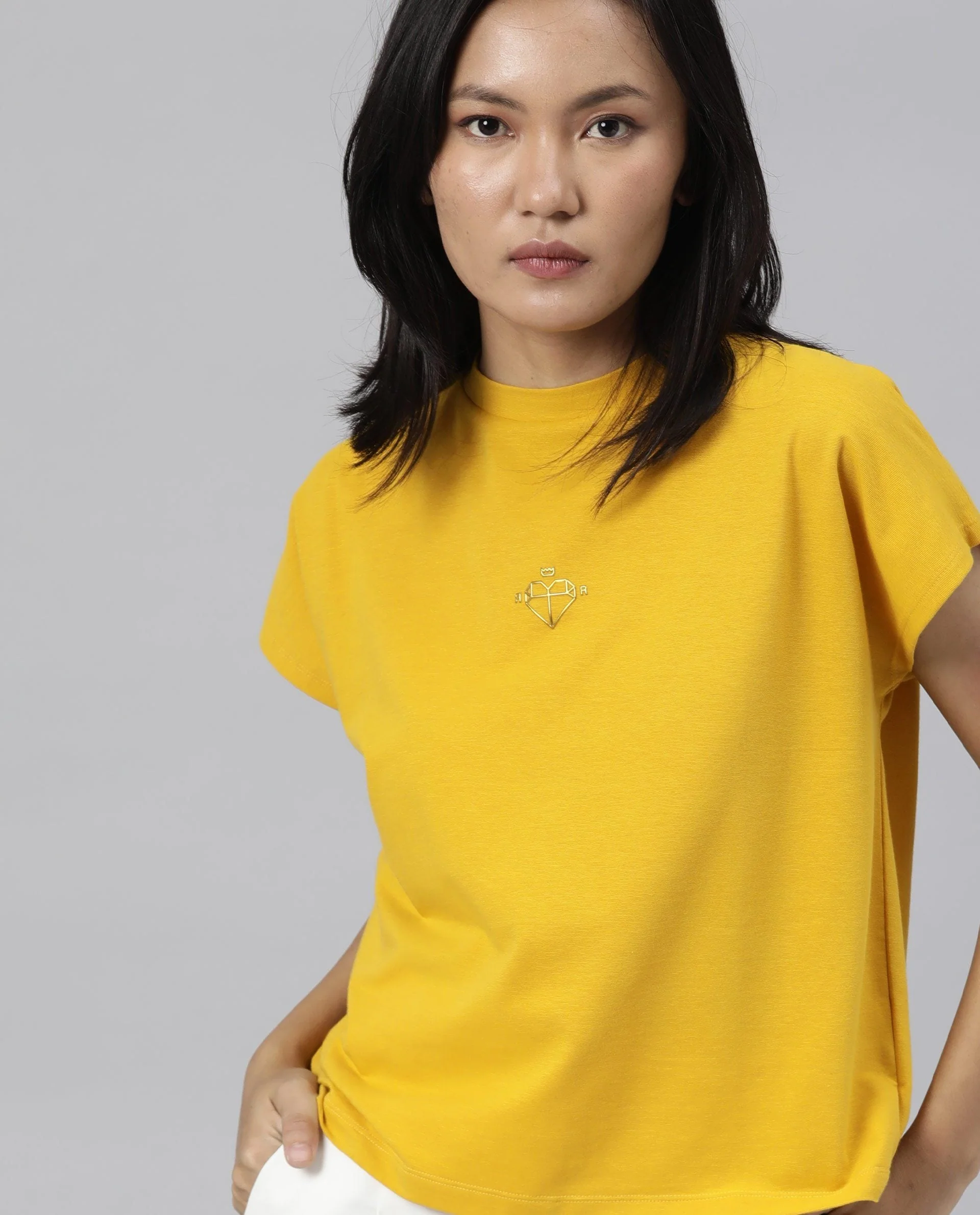 Rareism Womens Hola Mustard T-Shirt High Neck Polycotton Spandex Fabric - Image 4