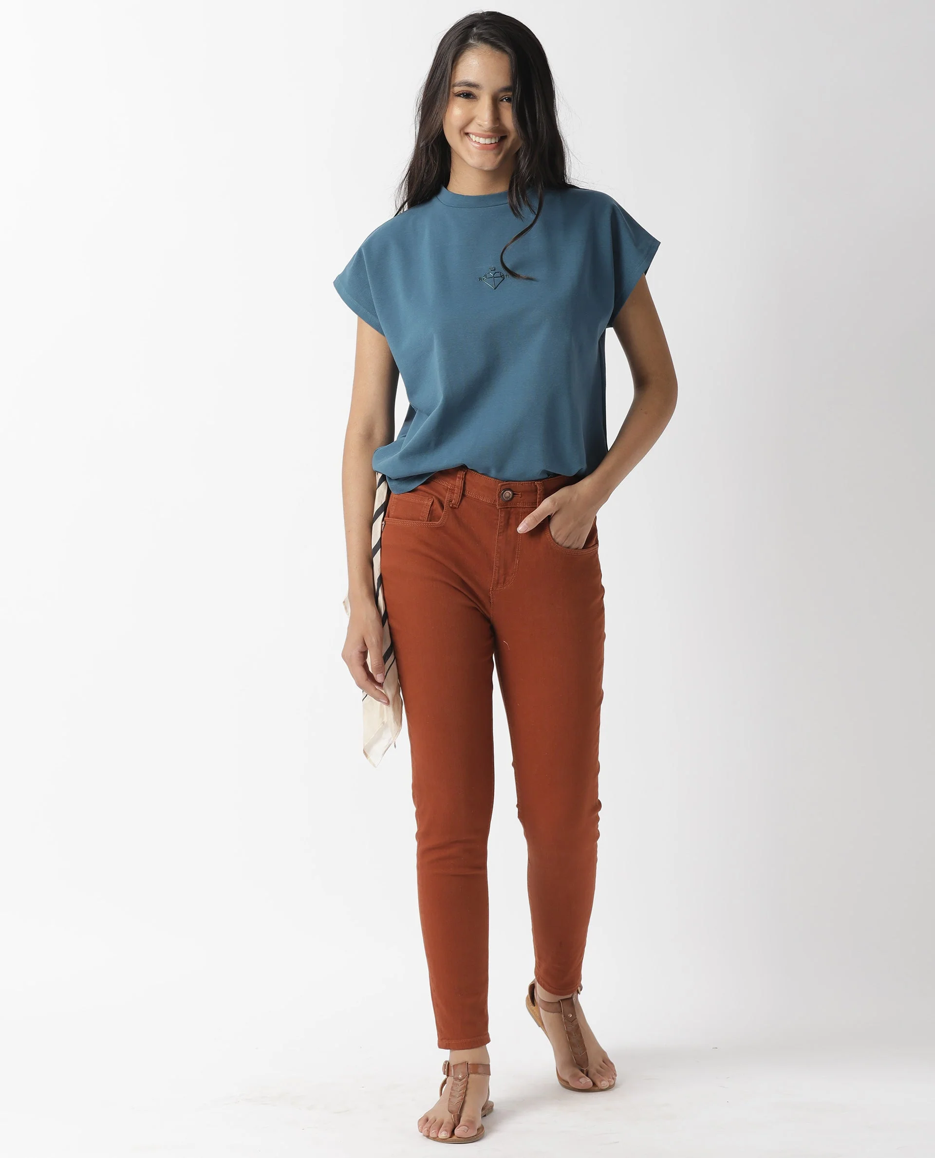Rareism Womens Hola Petrol T-Shirt High Neck Polycotton Spandex Fabric - Image 2