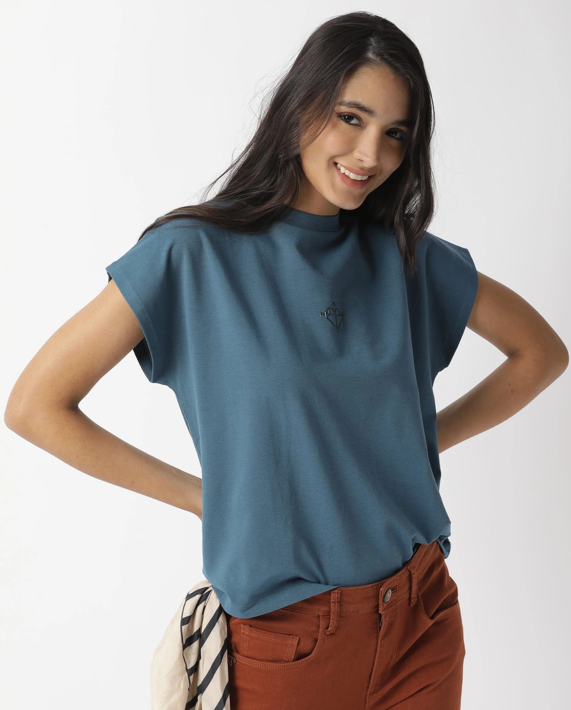 Rareism Womens Hola Petrol T-Shirt High Neck Polycotton Spandex Fabric - Image 4