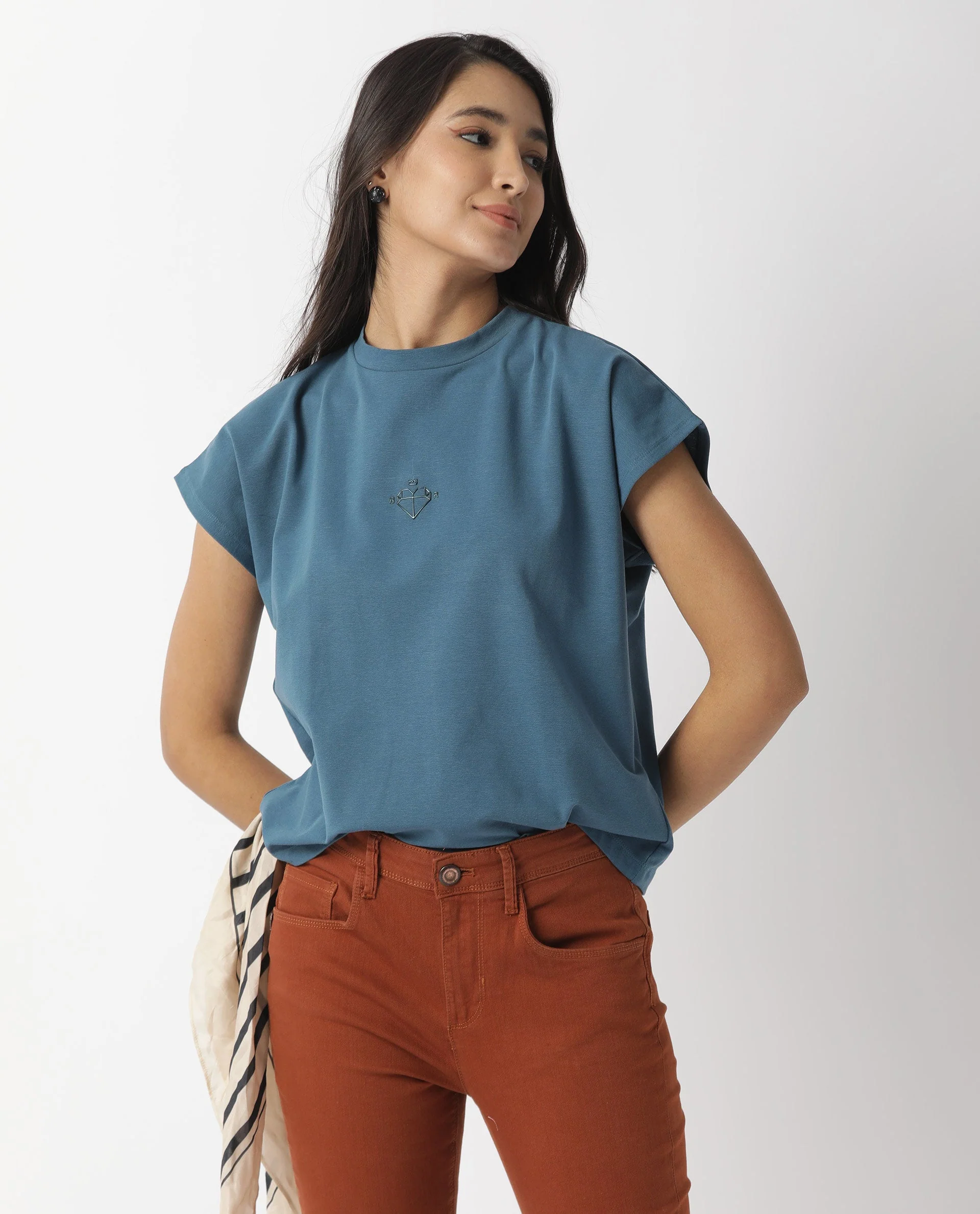 Rareism Womens Hola Petrol T-Shirt High Neck Polycotton Spandex Fabric - Image 5