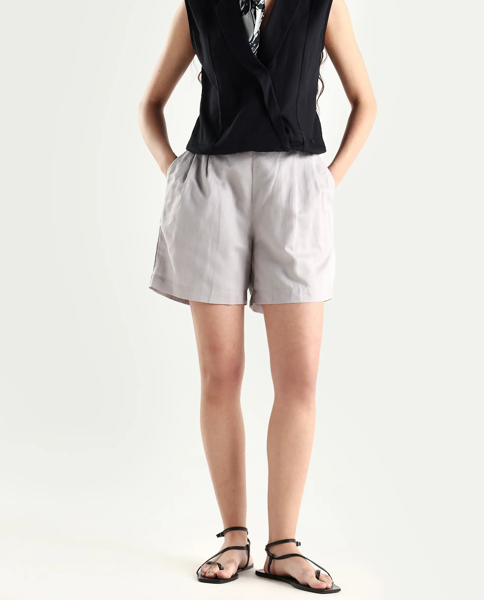 Rareism Women's Hola Grey Cotton Blend Plain Mini Regular Fit Shorts - Image 2