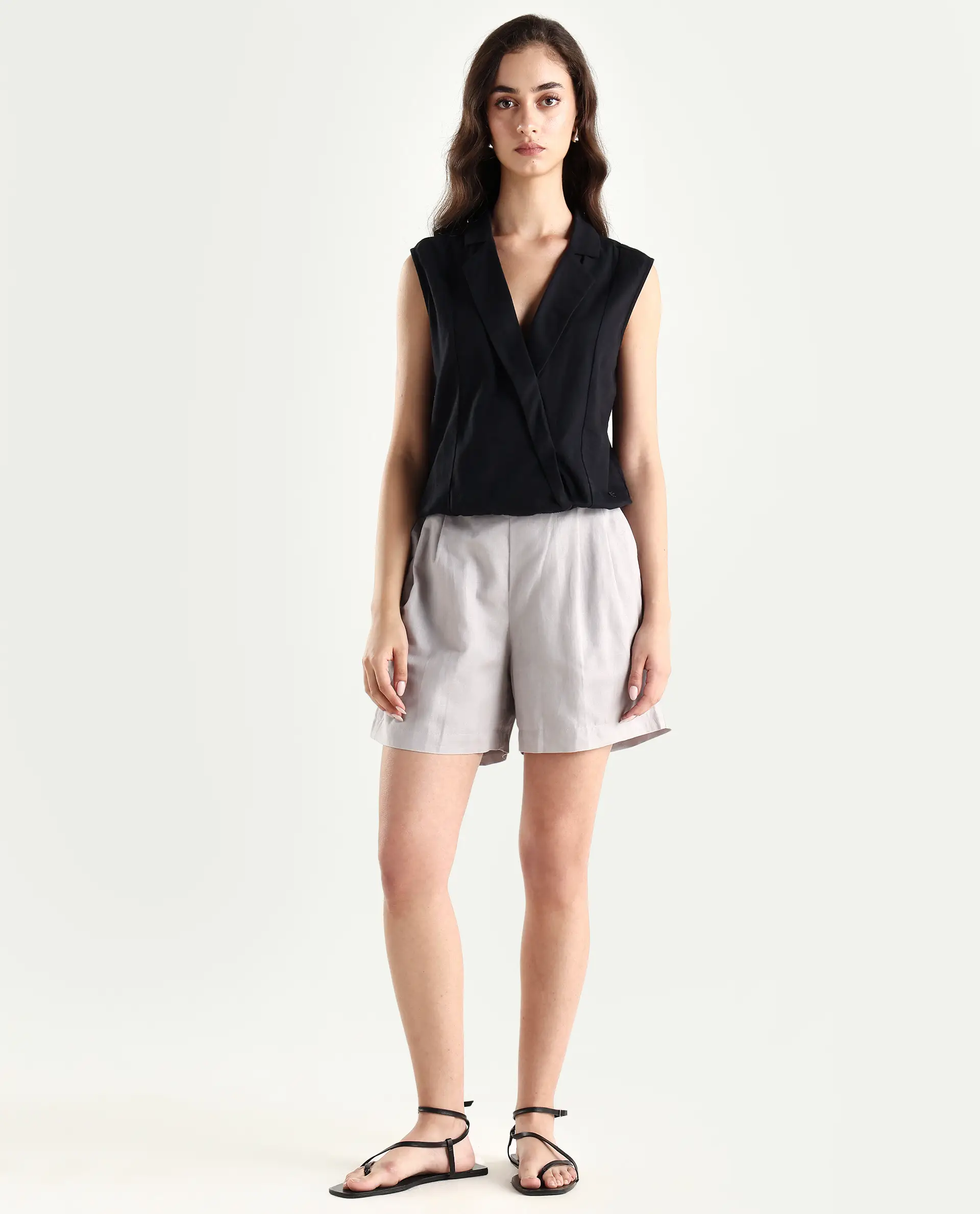 Rareism Women's Hola Grey Cotton Blend Plain Mini Regular Fit Shorts - Image 3
