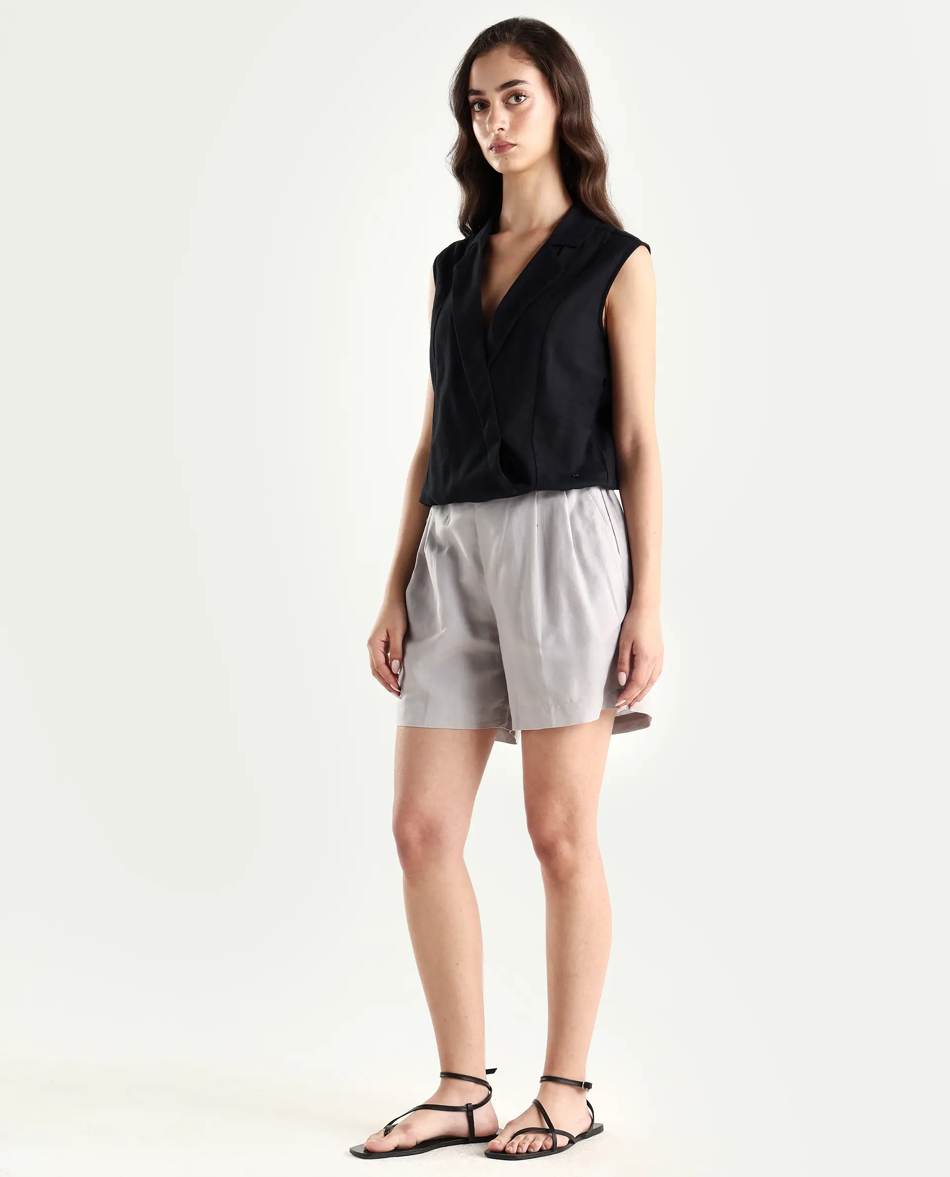 Rareism Women's Hola Grey Cotton Blend Plain Mini Regular Fit Shorts - Image 5