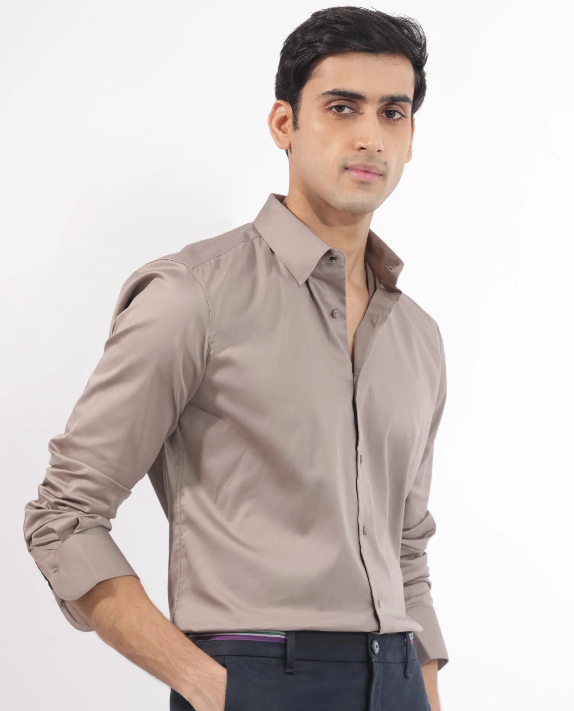 Rare Rabbit Men's Holand Beige Satin Plain Regular Fit Full Sleeve Collared Shirt - Image 3