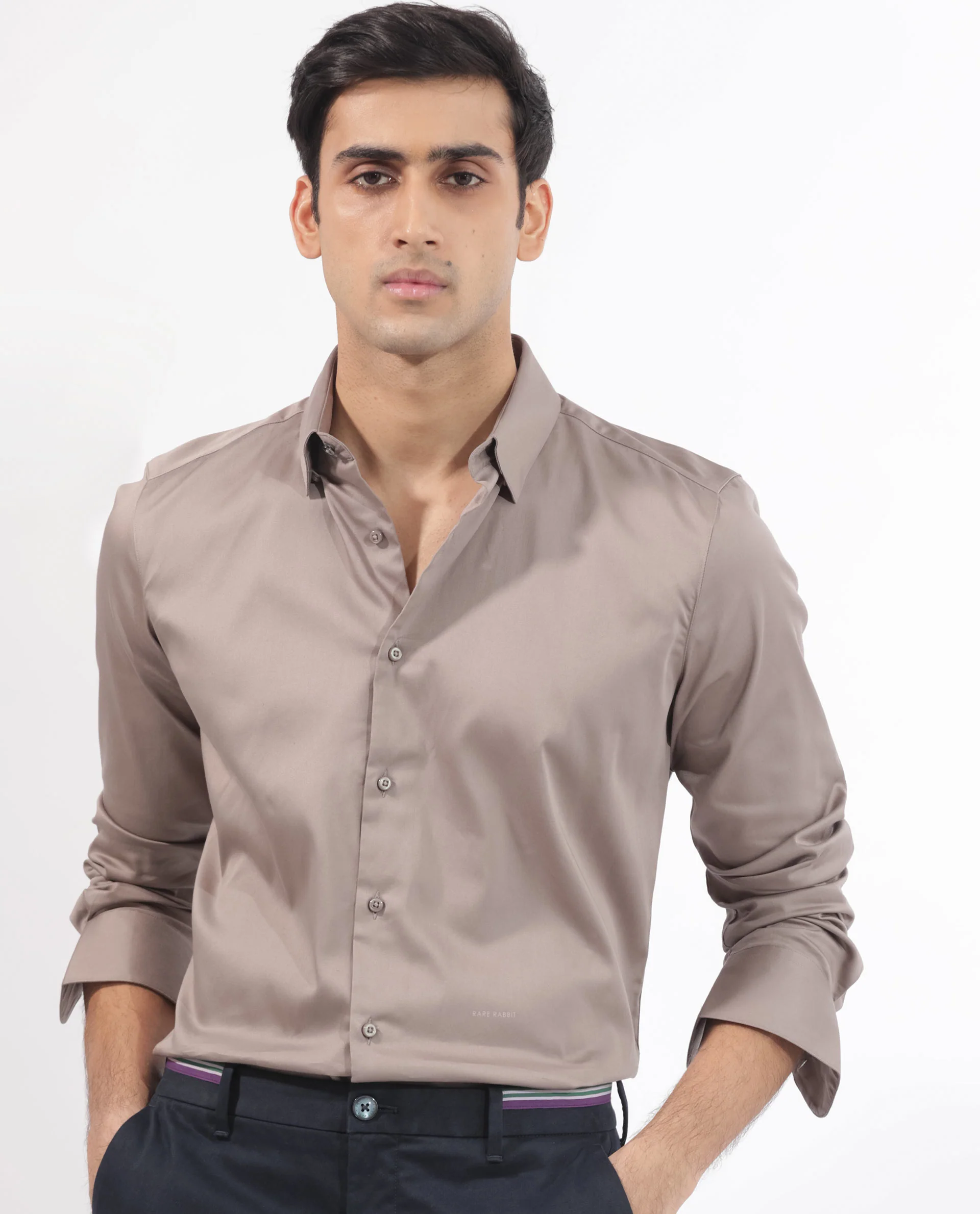Rare Rabbit Men's Holand Beige Satin Plain Regular Fit Full Sleeve Collared Shirt - Image 4