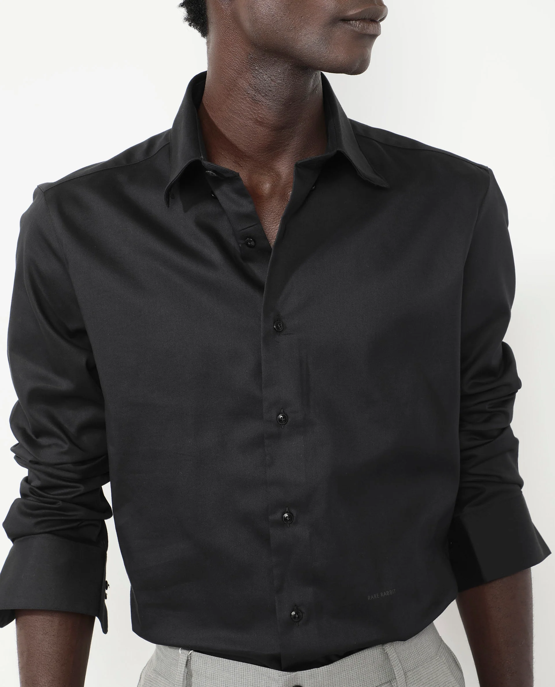Rare Rabbit Men's Holand Black Satin Plain Regular Fit Full Sleeve Collared Shirt - Image 3