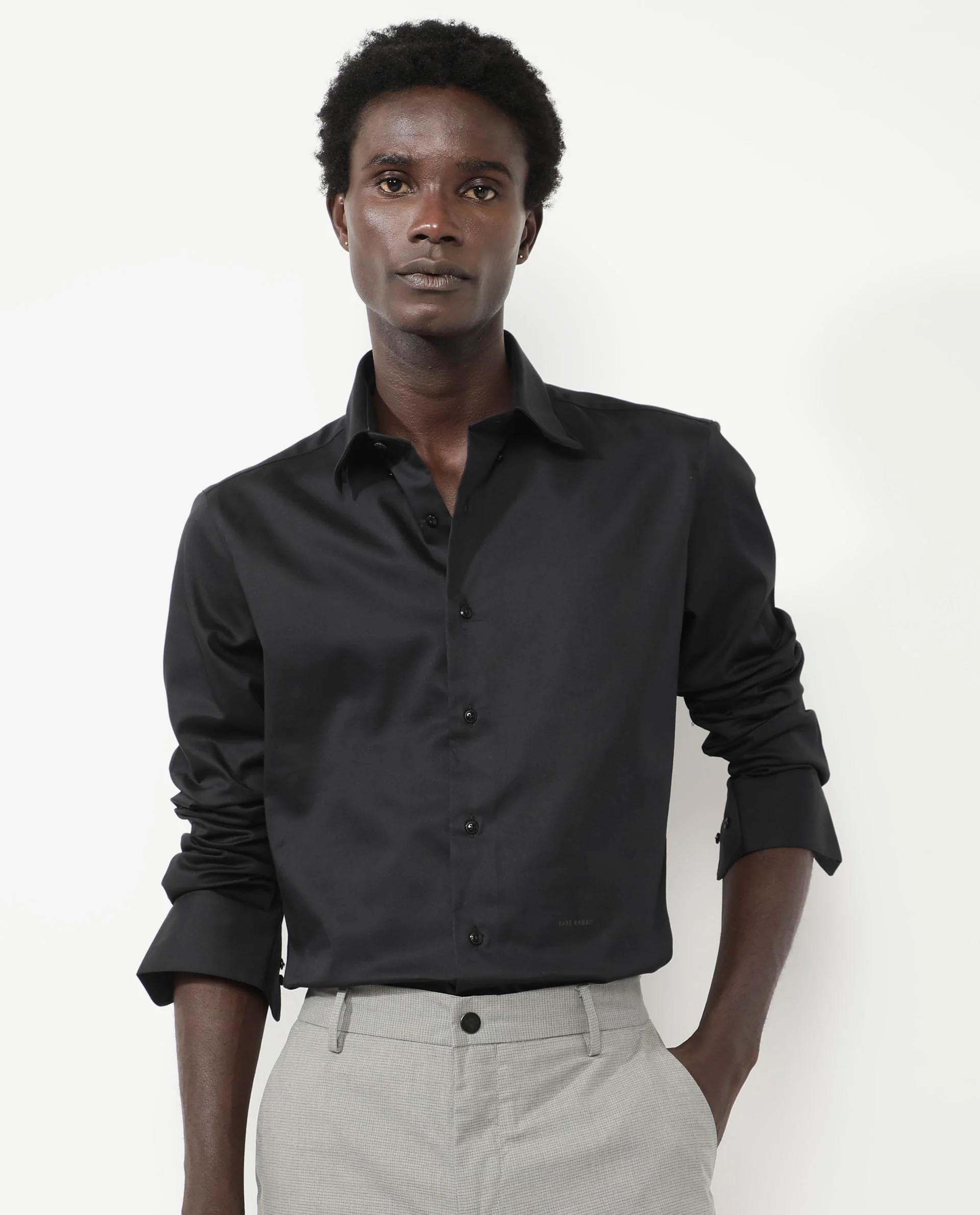 Rare Rabbit Men's Holand Black Satin Plain Regular Fit Full Sleeve Collared Shirt - Image 5