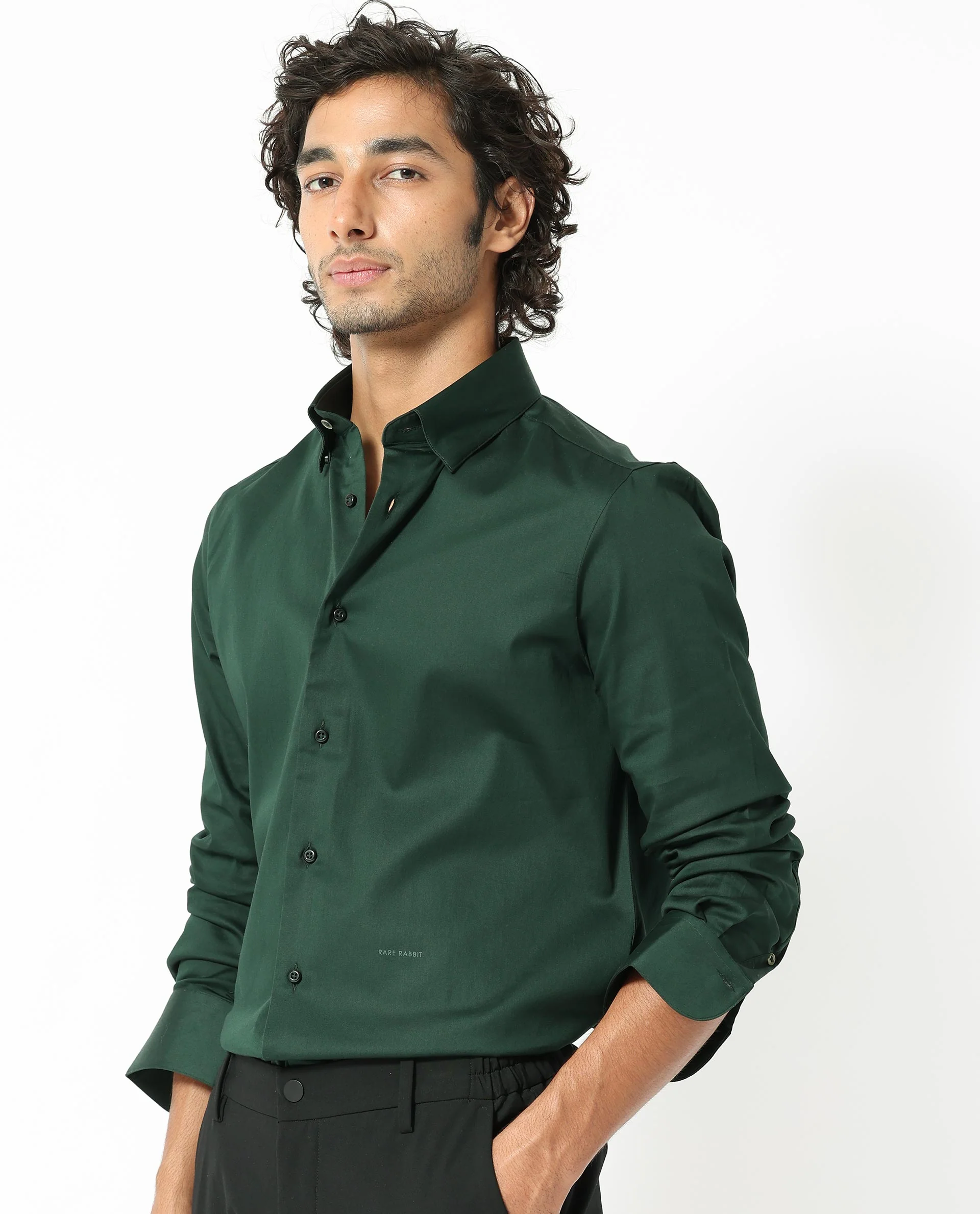 Rare Rabbit Men's Holand Dark Olive Satin Plain Regular Fit Full Sleeve Collared Shirt - Image 3